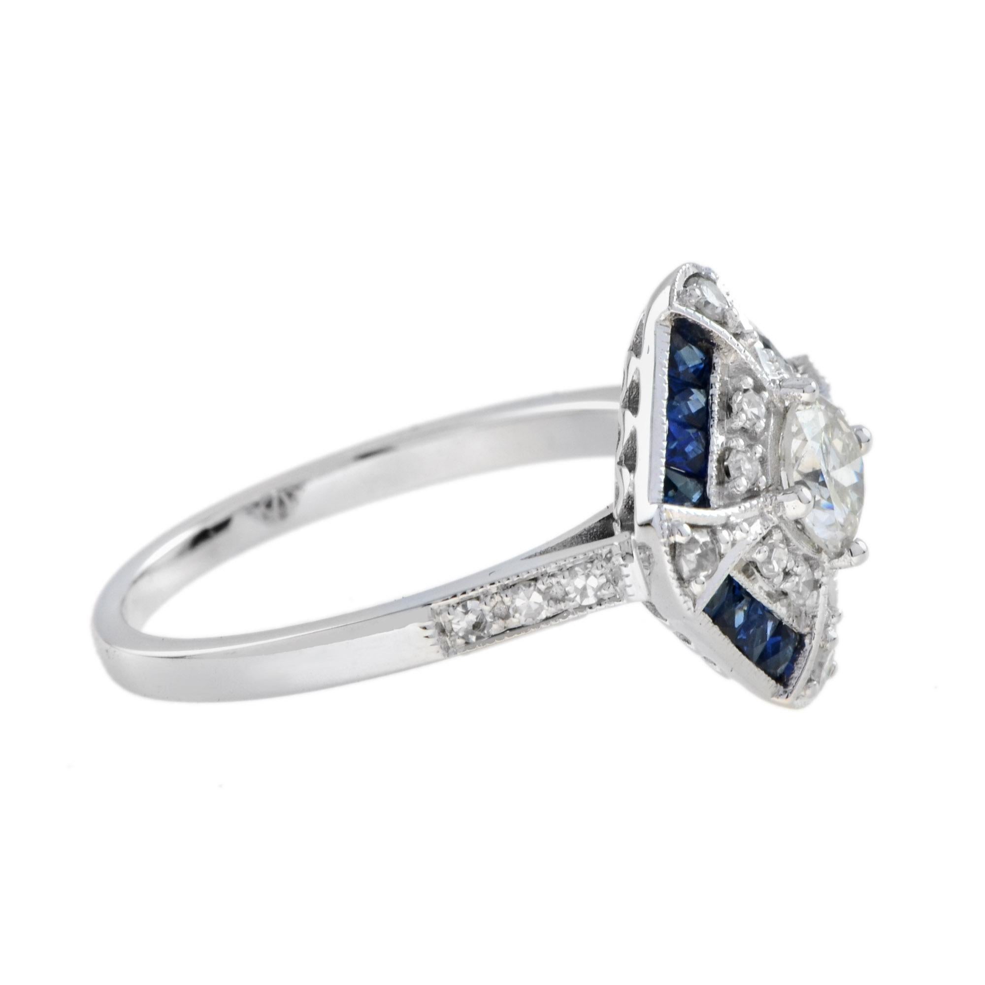 Women's Old Cut Diamond with Diamond Sapphire Square Art Deco Style Engagement Ring