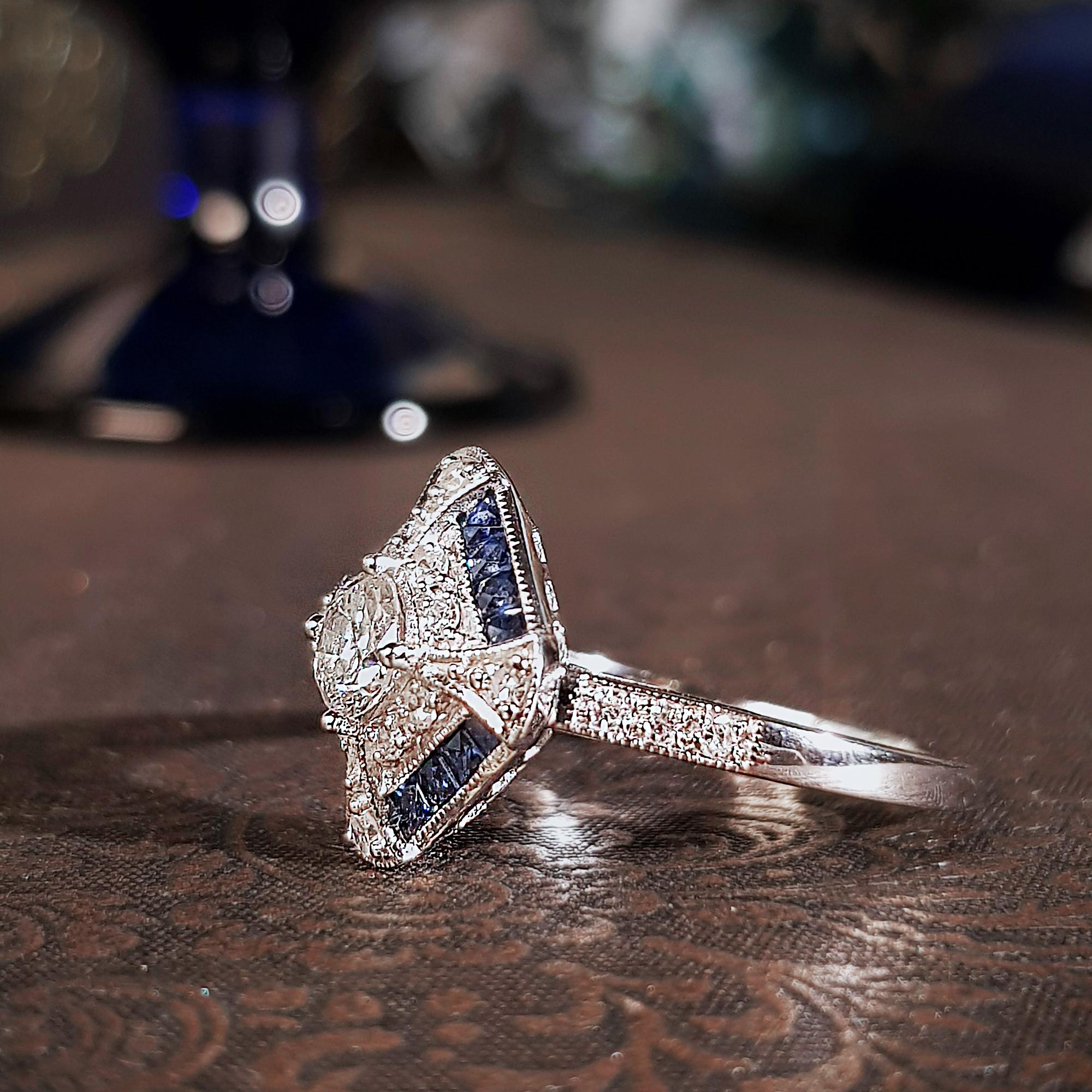 Round Cut Old Cut Diamond with Diamond Sapphire Square Art Deco Style Engagement Ring For Sale