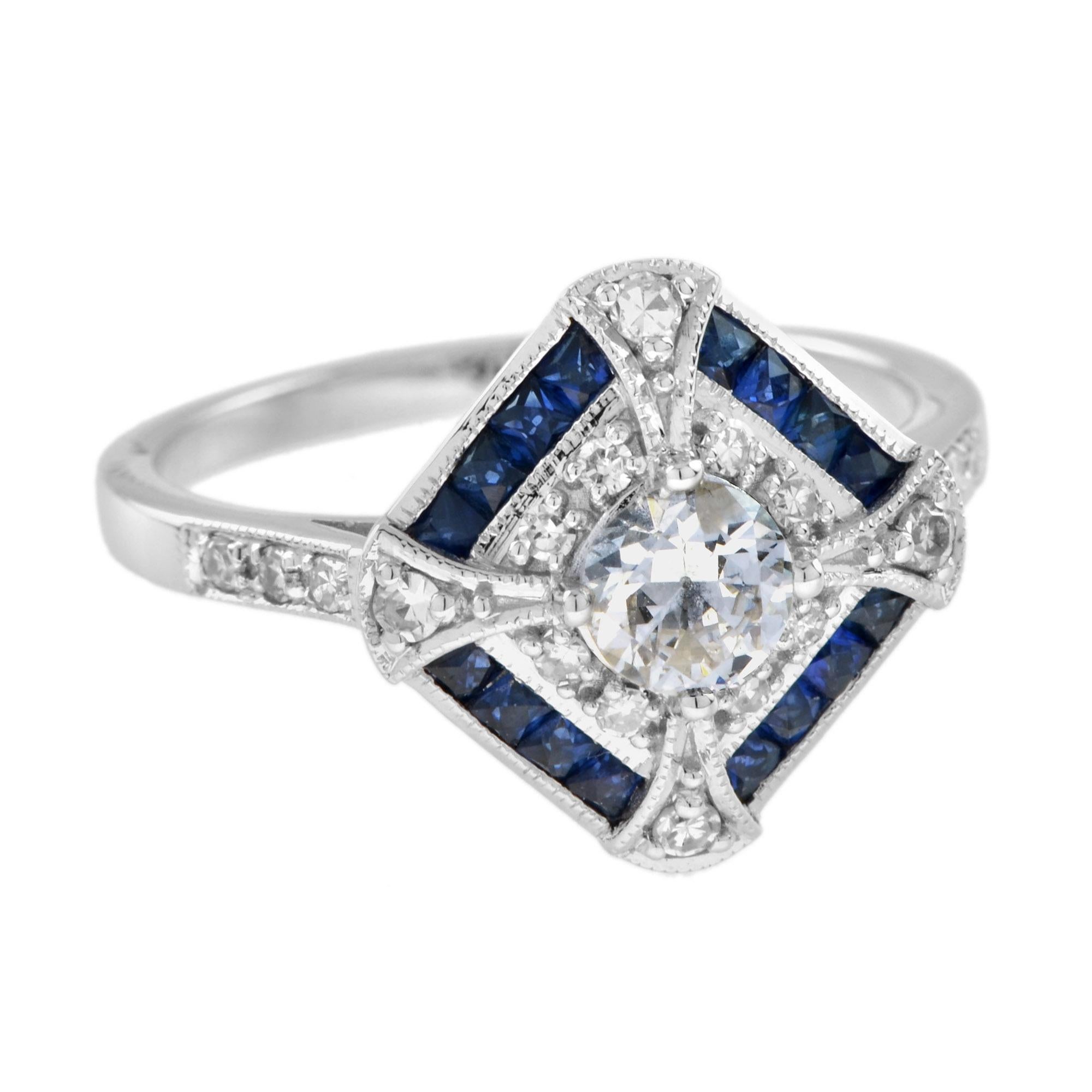 Old Cut Diamond with Diamond Sapphire Square Art Deco Style Engagement Ring In New Condition For Sale In Bangkok, TH