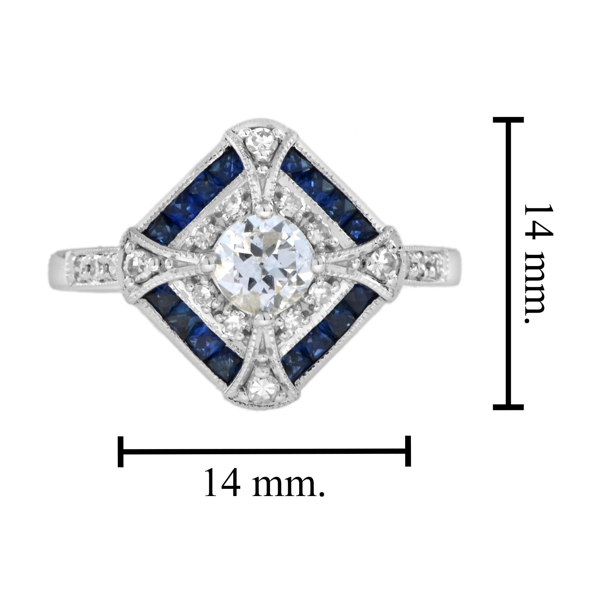 Old Cut Diamond with Diamond Sapphire Square Art Deco Style Engagement Ring 3