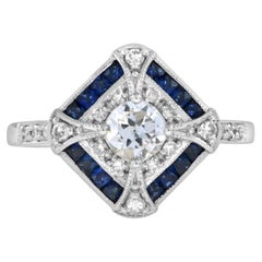 Quadratischer Verlobungsring im Art-déco-Stil mit Diamant im Altschliff und Saphir
