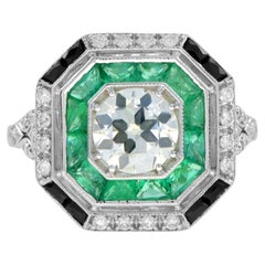 GIA Old Cut Diamond  Emerald Onyx Octagonal Shape Engagement Ring in 18k Gold