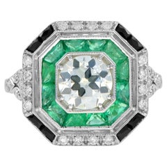 GIA Old Cut Diamond Emerald Onyx Octagonal Shape Engagement Ring in 18k Gold