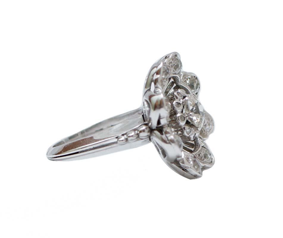Retro Old - Cut Diamonds, 18 Karat White Gold Ring.