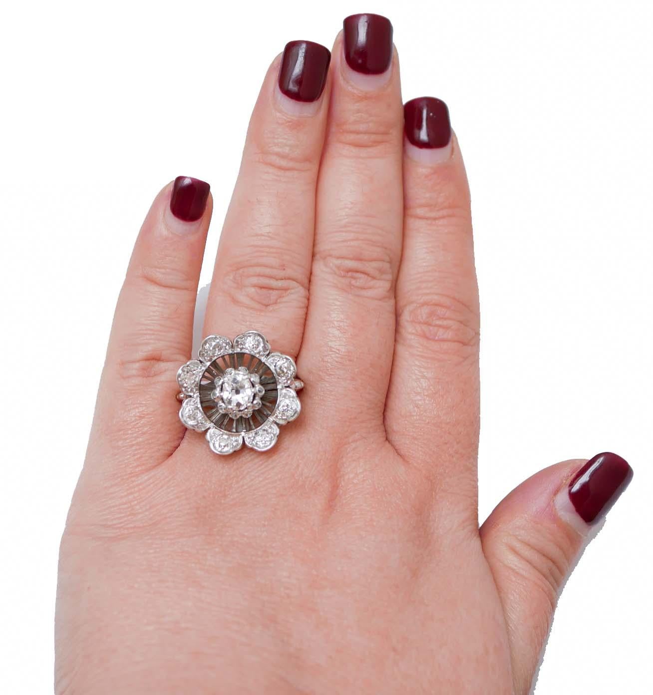 Mixed Cut Old - Cut Diamonds, 18 Karat White Gold Ring.