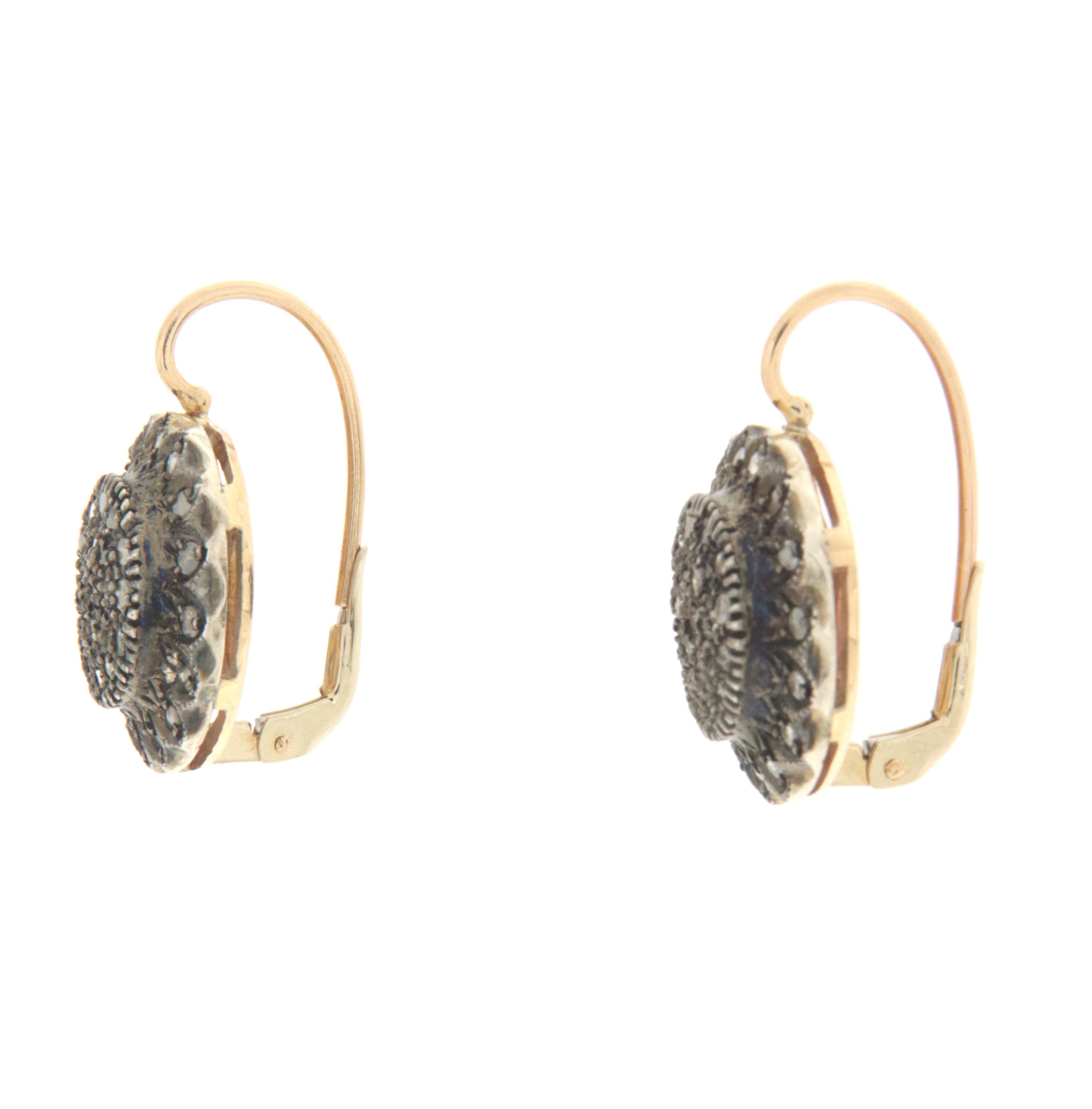 Artisan Old Cut Diamonds 9 Karat Yellow Gold Stud Earrings For Sale