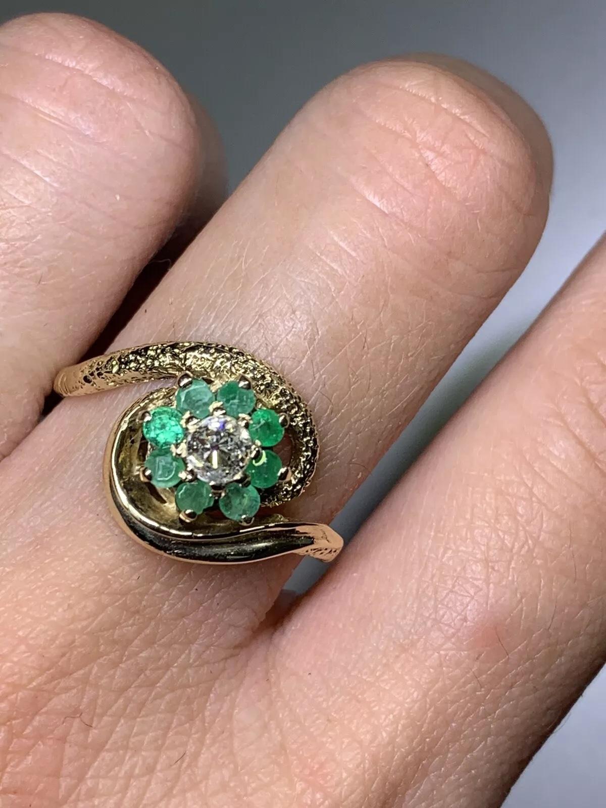 Round Cut Old cut diamonds and green emerald antique engagement ring in 9ct yellow gold. For Sale