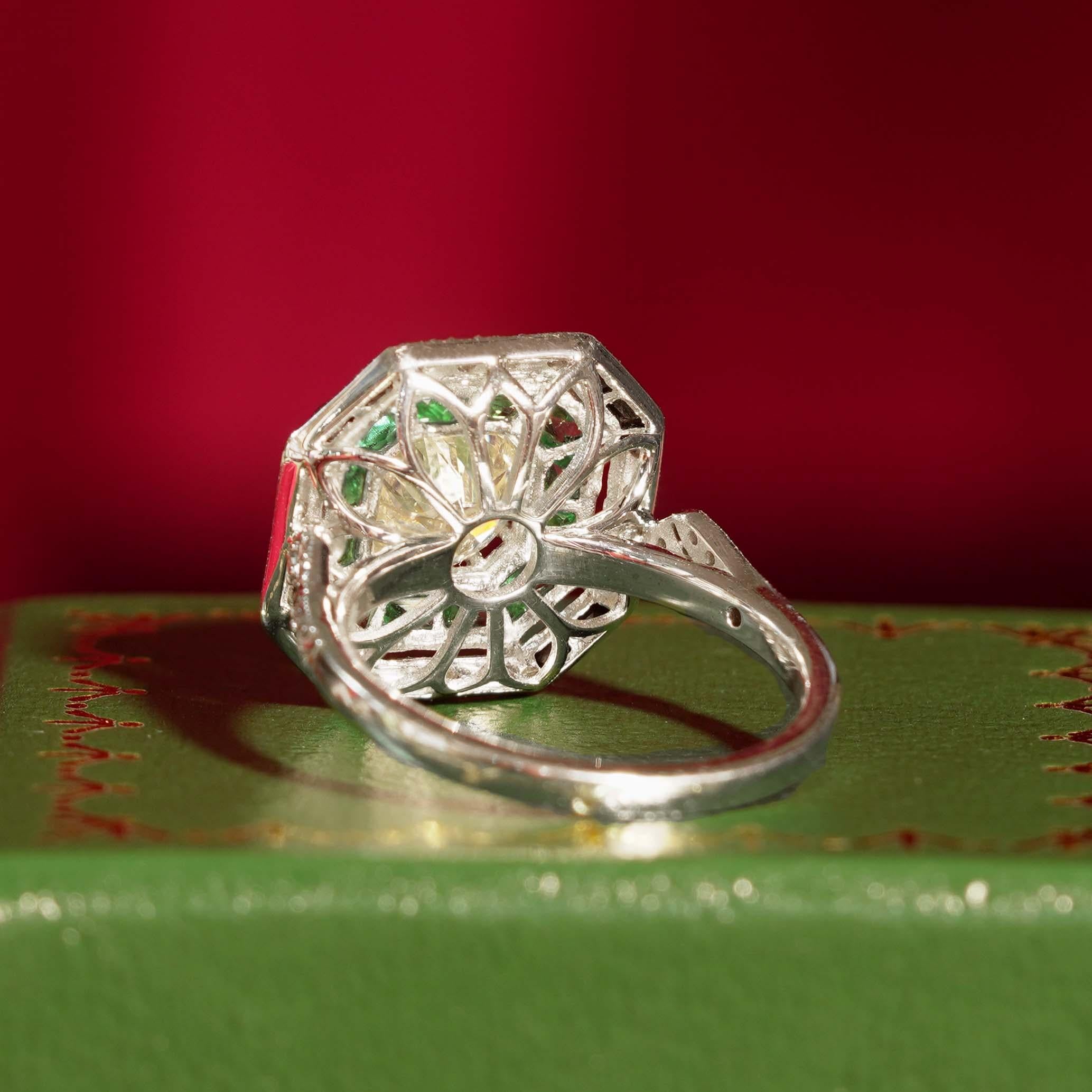 Old Cut GIA Diamond Green Emerald Onyx Octagonal Engagement 18K White Gold Ring For Sale 4