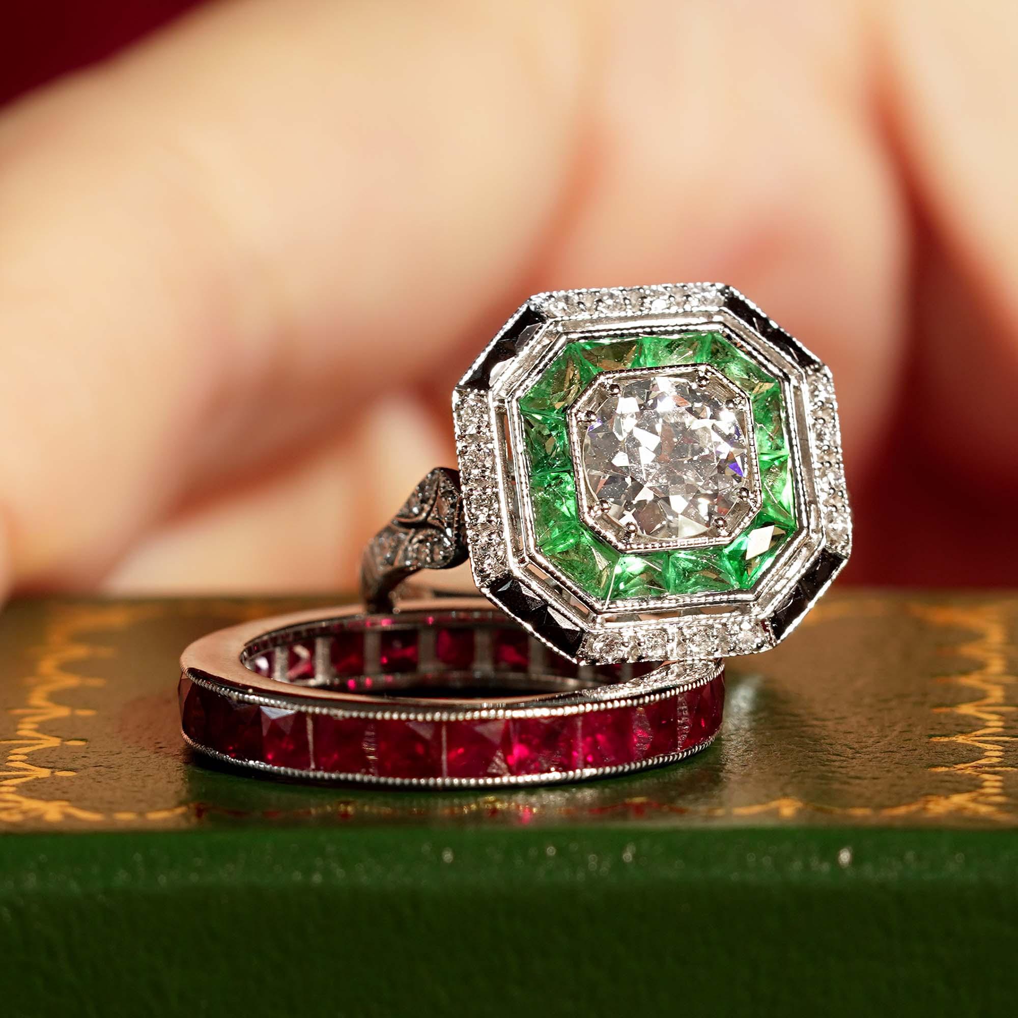 Old Cut GIA Diamond Green Emerald Onyx Octagonal Engagement 18K White Gold Ring For Sale 1