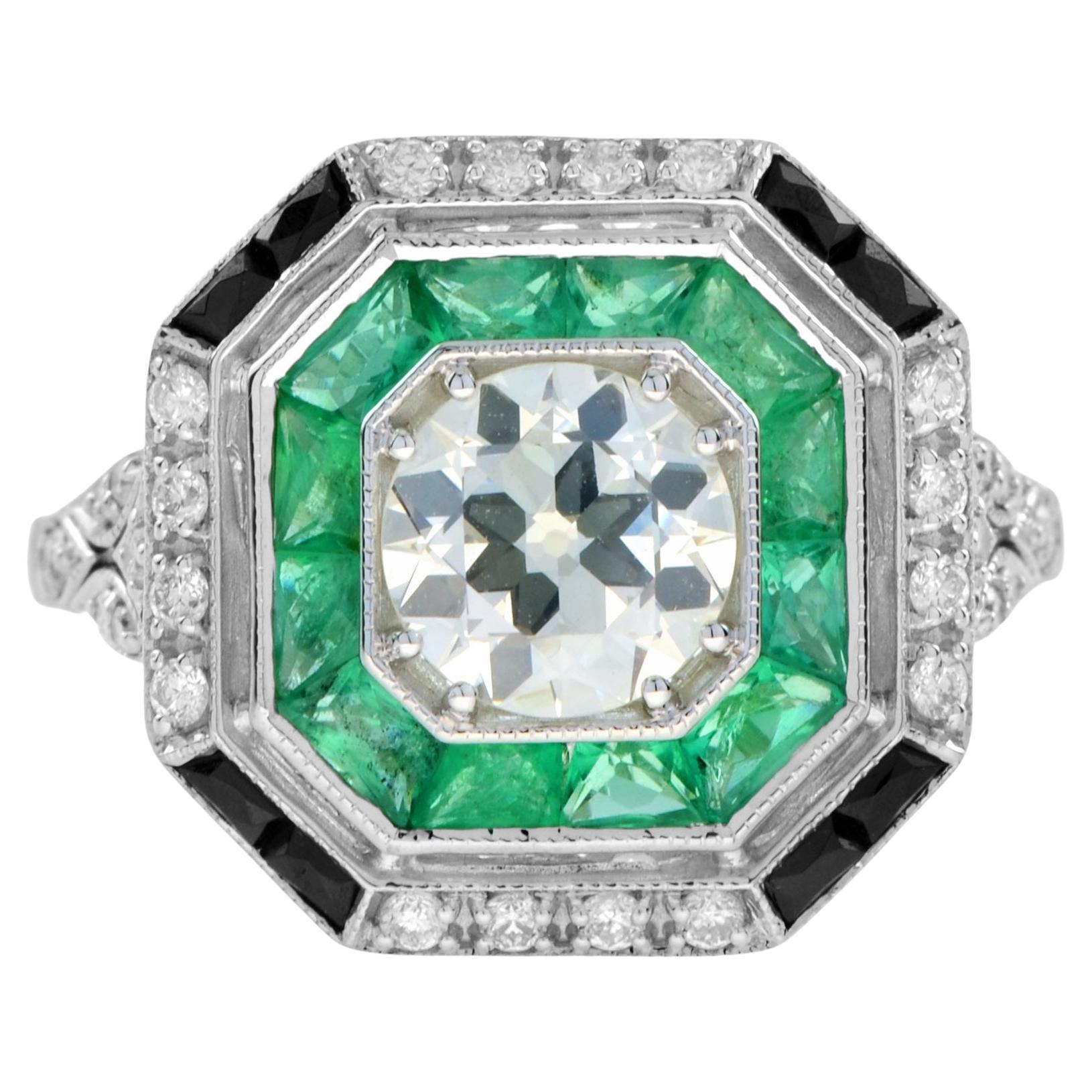 Old Cut GIA Diamond Green Emerald Onyx Octagonal Engagement 18K White Gold Ring For Sale