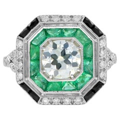 Old Cut GIA Diamond Green Emerald Onyx Octagonal Engagement 18K White Gold Ring