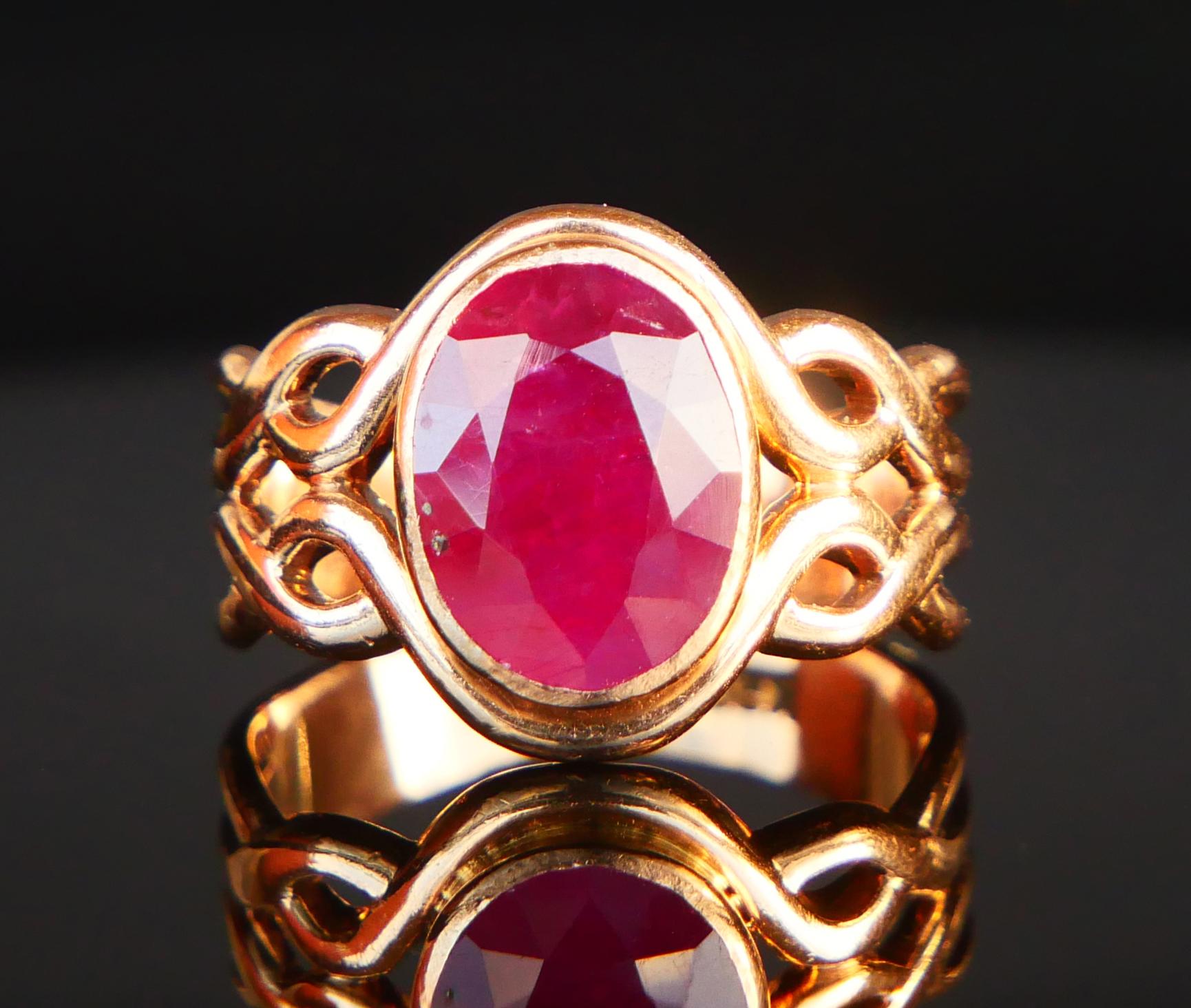 Art Deco Old Danish Ring natural 4ct Ruby solid 14K Rose Gold Ø 5.5 US/ 5.4 gr For Sale