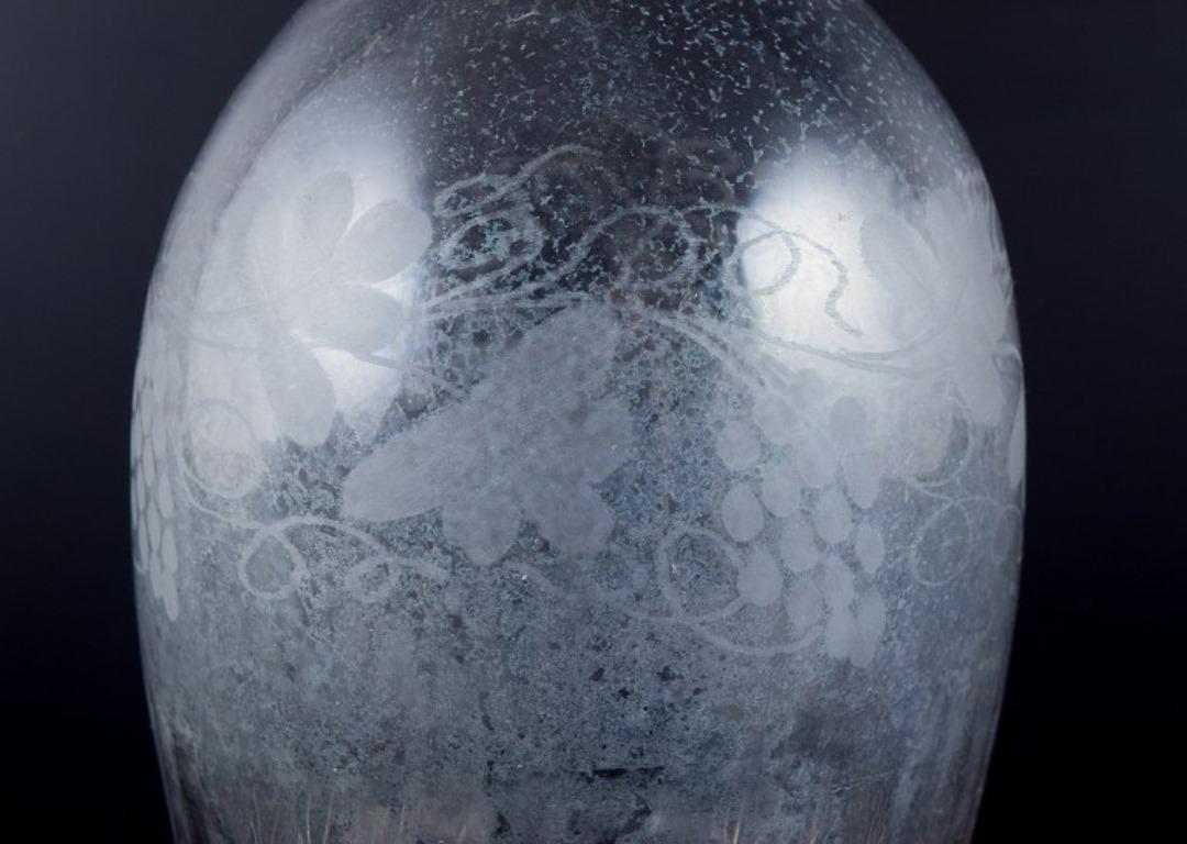 19th Century Old Danish wine carafe in mouth-blown glass engraved with grape clusters.  For Sale