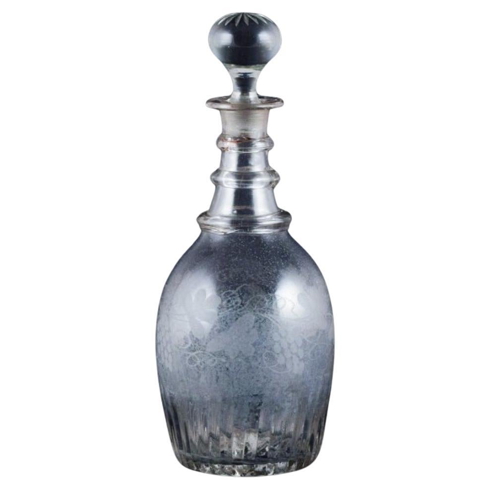 Old Danish wine carafe in mouth-blown glass engraved with grape clusters.  For Sale