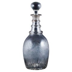 Old Danish wine carafe in mouth-blown glass engraved with grape clusters. 