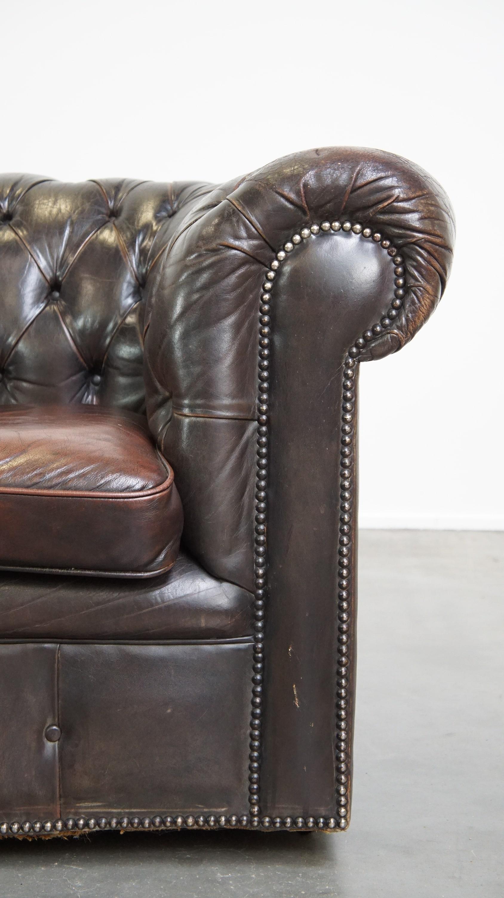 Ancien canapé Chesterfield 3 places en peau de vache brun foncé avec beaucoup de caractère en vente 3