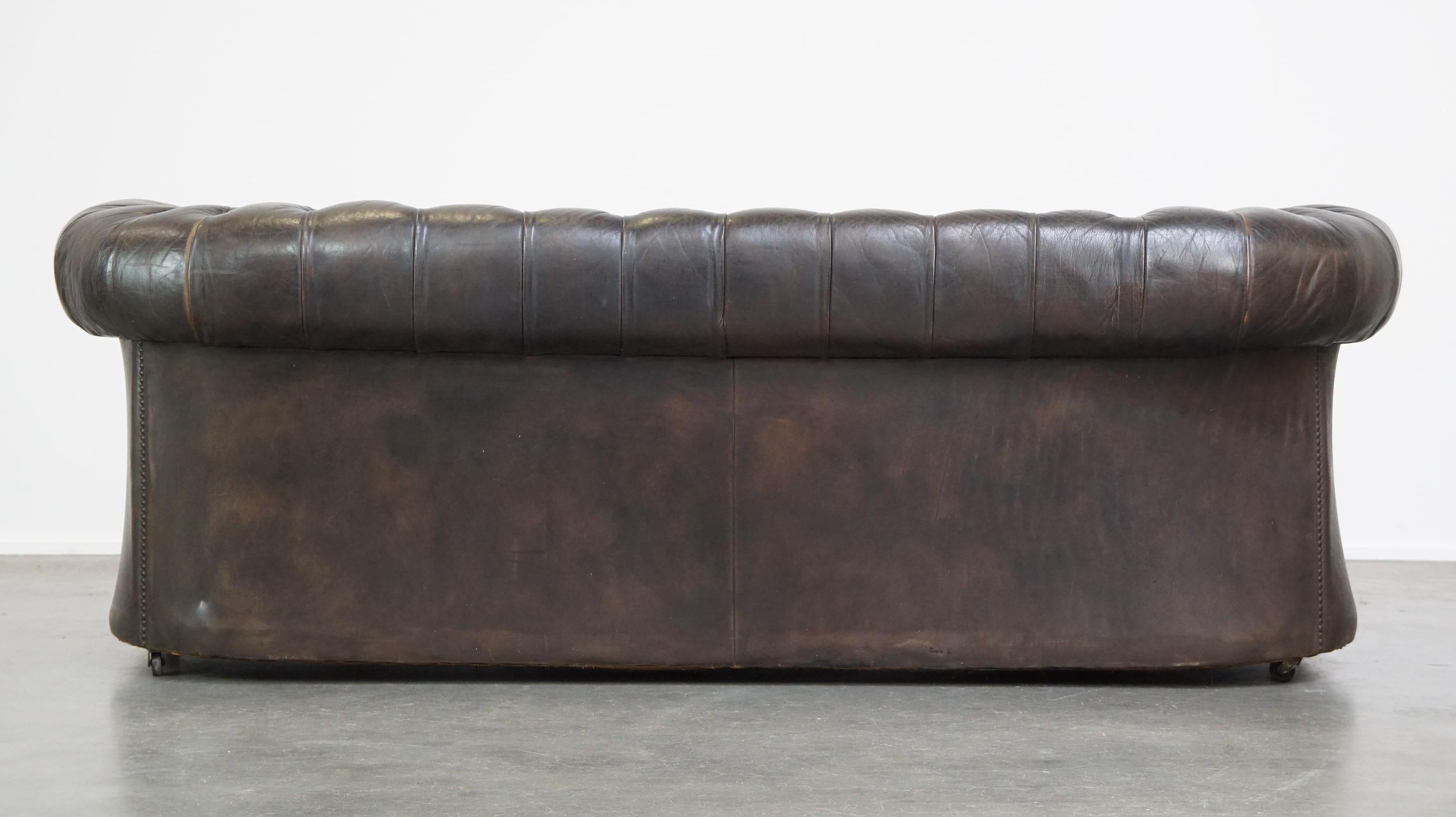 Anglais Ancien canapé Chesterfield 3 places en peau de vache brun foncé avec beaucoup de caractère en vente