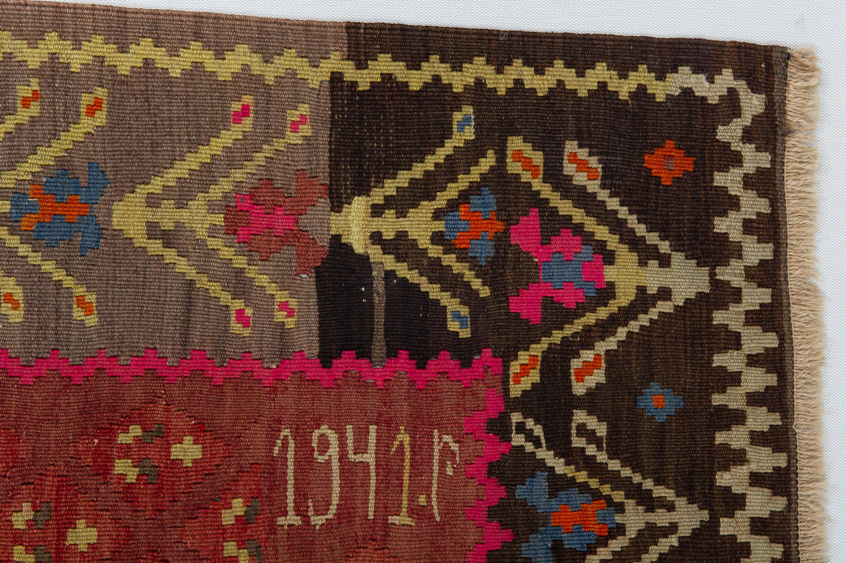 Old Dated Caucasian Kilim Karabagh with Shades For Sale 3