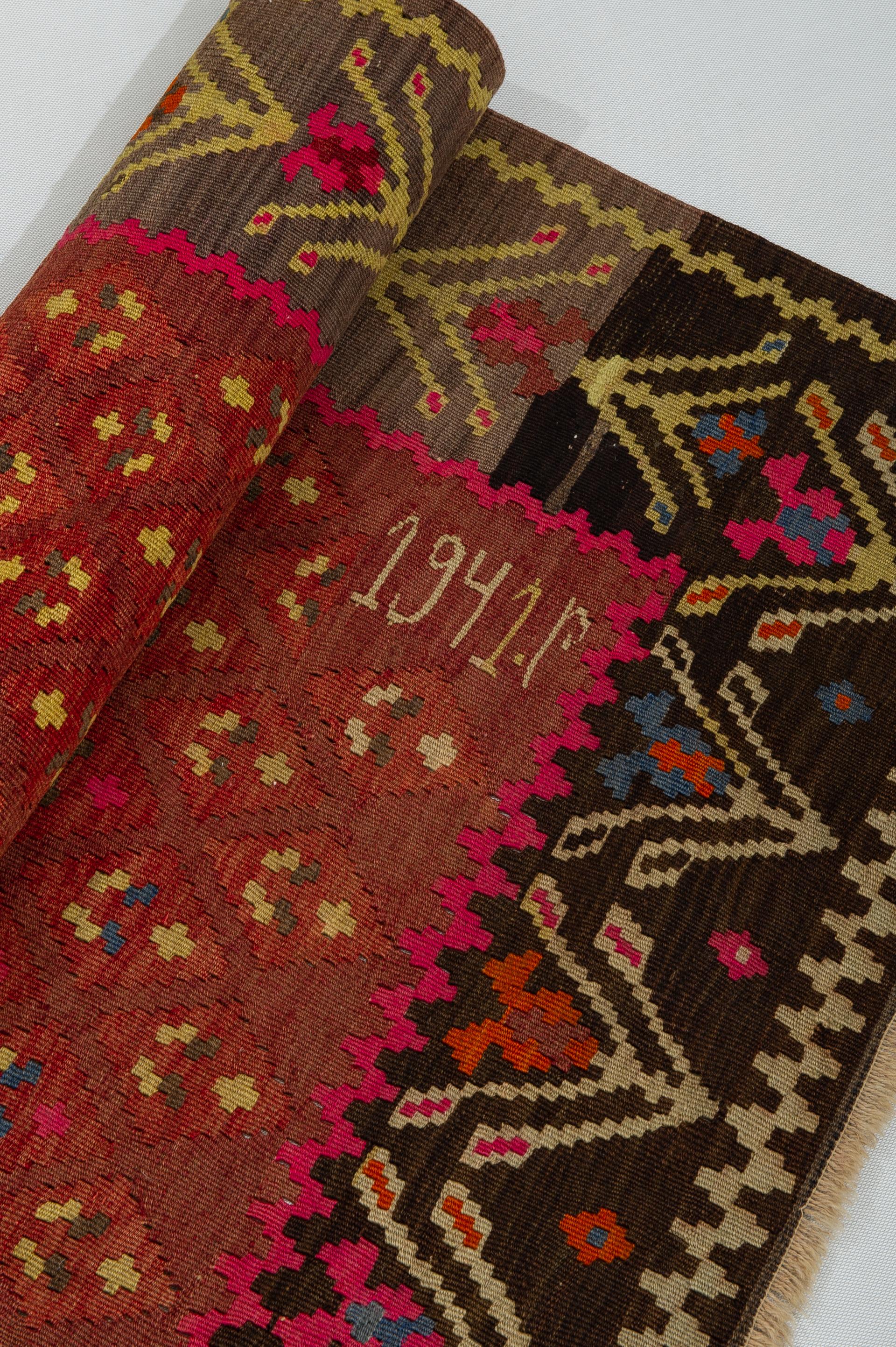 Hand-Woven Old Dated Caucasian Kilim Karabagh with Shades For Sale