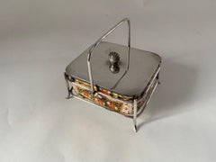 Old Decorative English Davenport Porcelain Butter Dish in Silver Plate Stand