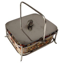Antique Old Decorative English Davenport Porcelain Butter Dish in Silver Plate Stand