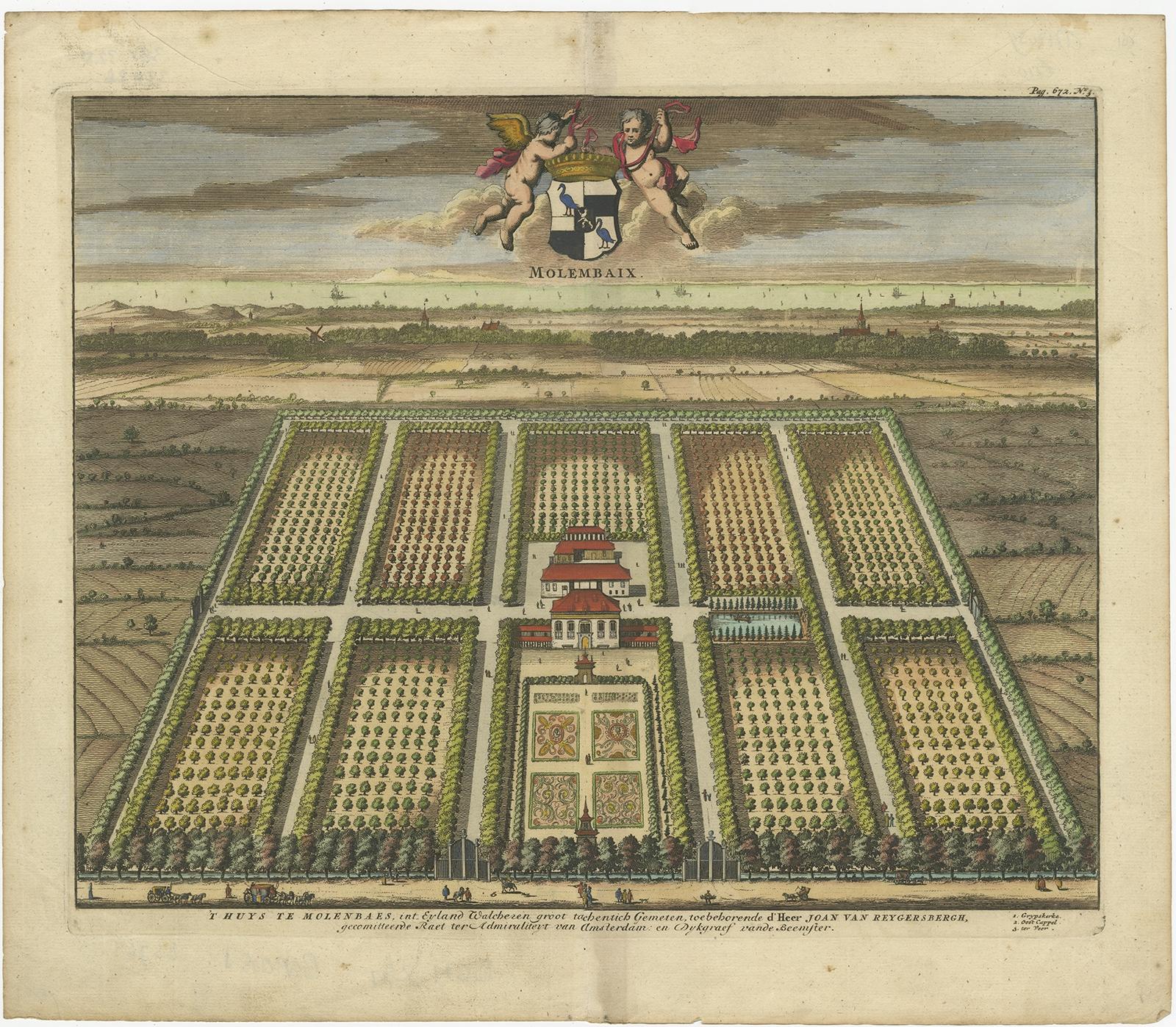 Paper Old Decorative Handcolored Engraving of the Molenbaix Estate in Belgium, 1696 For Sale