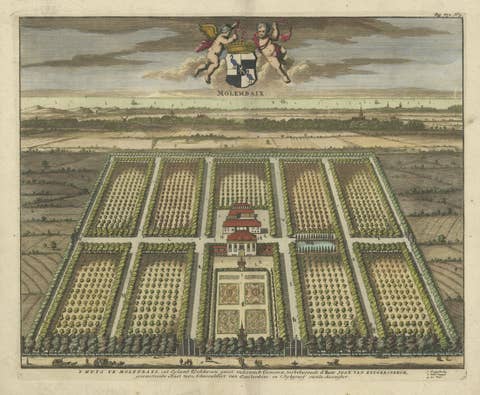 Old Decorative Handcolored Engraving of the Molenbaix Estate in Belgium, 1696