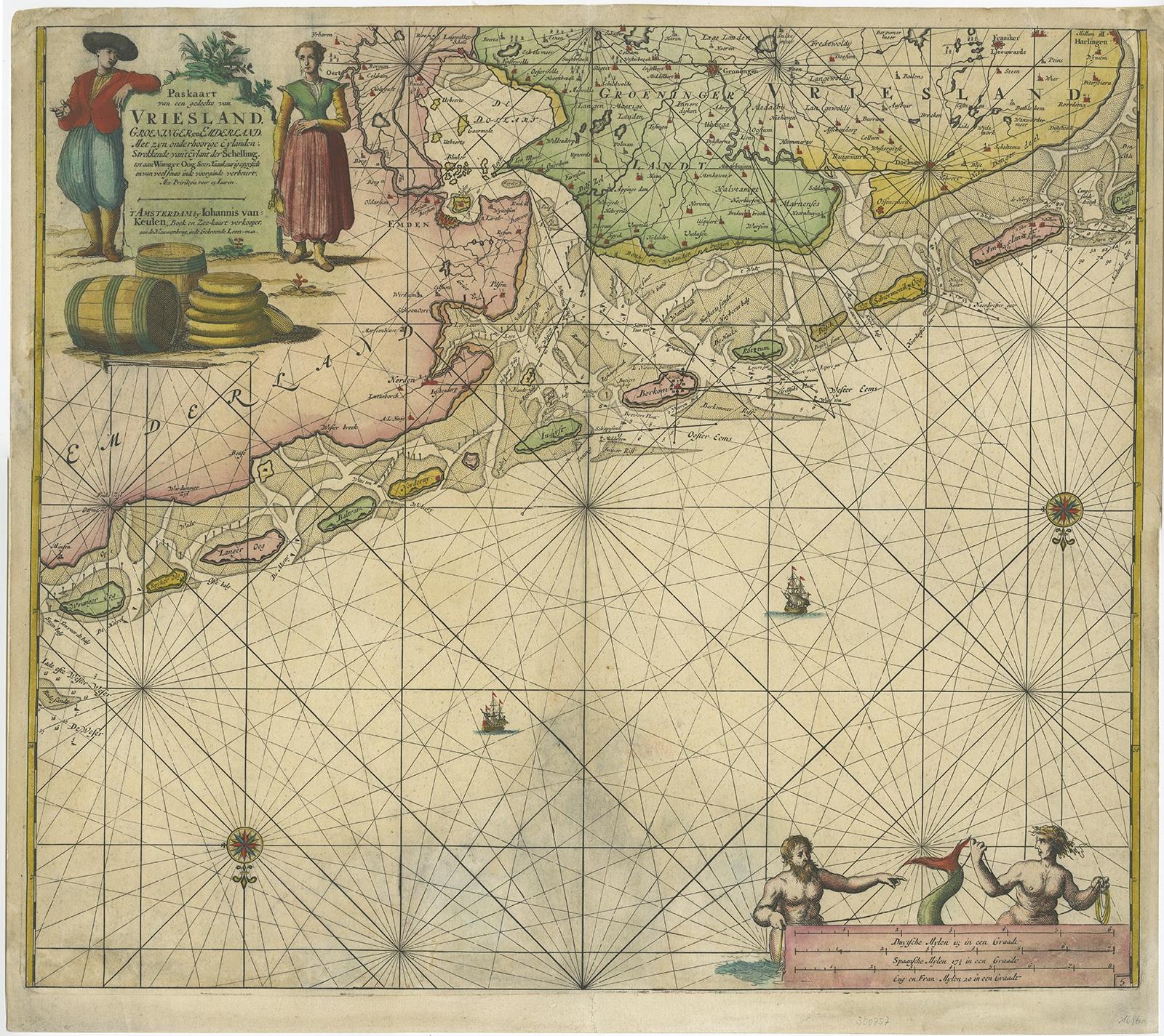 Antique map titled 'Paskaart van een gedeelte van Vriesland, Groeninger, en Emderland. Met zyn onderhoorige Eylanden; Strekkende van't Eylant der Schelling'. 

Decorative and highly detailed sea chart of part of the Dutch Coast, centered on Emden,