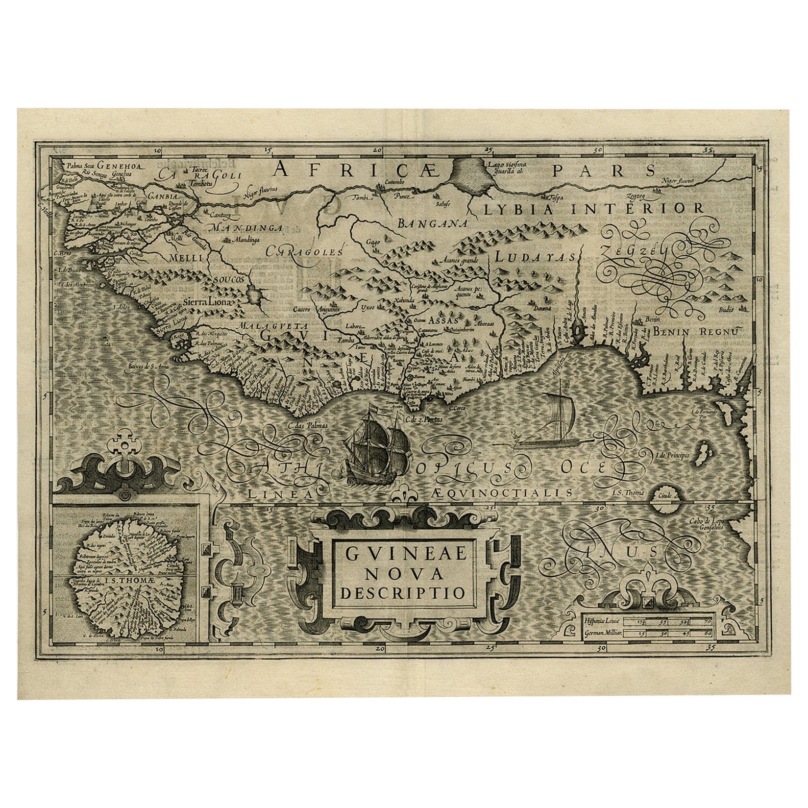 Antiguo Mapa Decorativo de la Costa de África Occidental y la Isla de San Tomé, c.1600