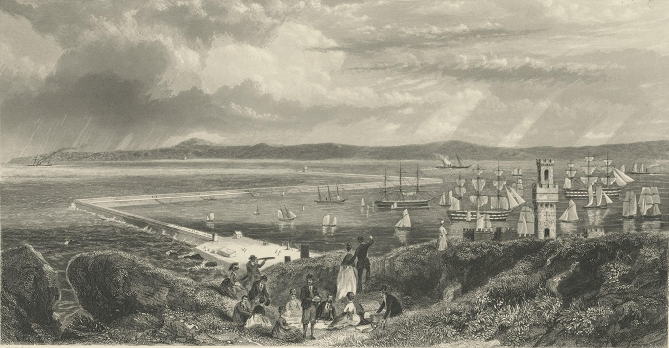 Altes dekoratives maritimen Druck von Schiffen in einem Hafen, möglicherweise England, um 1860 (Papier) im Angebot