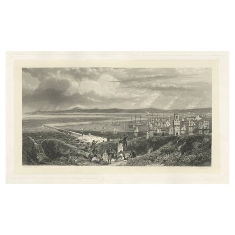 Old Decorative Maritime Print of Ships in an Harbour, Possibly England, C.1860
