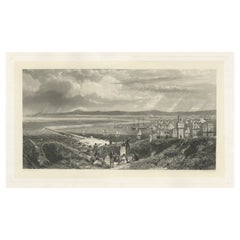 Antiguo grabado marítimo decorativo de barcos en un puerto, posiblemente Inglaterra, c.1860