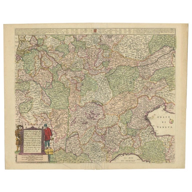Antiguo mapa detallado de las rutas comerciales y marítimas de Italia a los Países Bajos, c1671