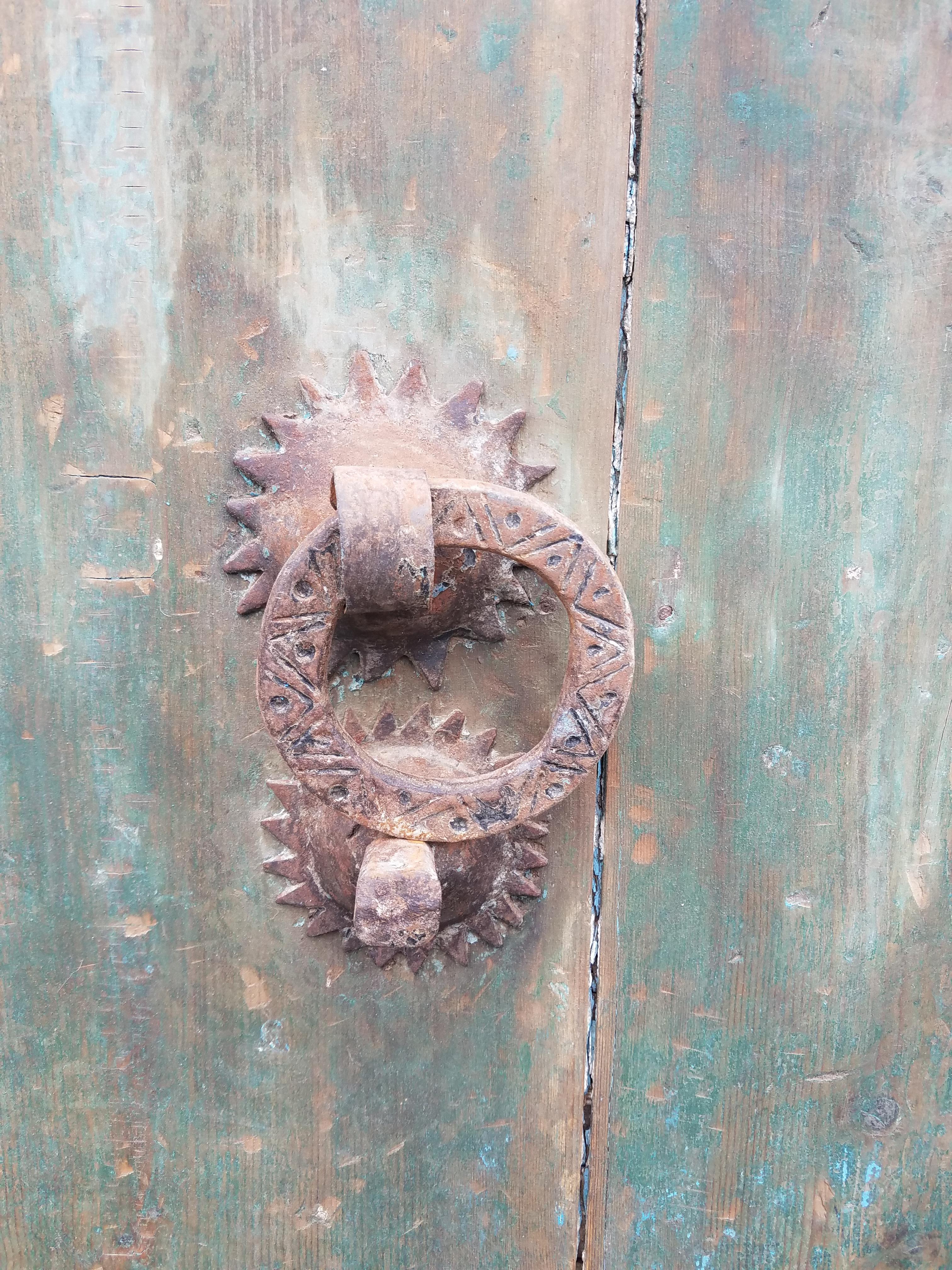 Carved Old Dia Turquoise Moroccan Door, Old Knocker For Sale