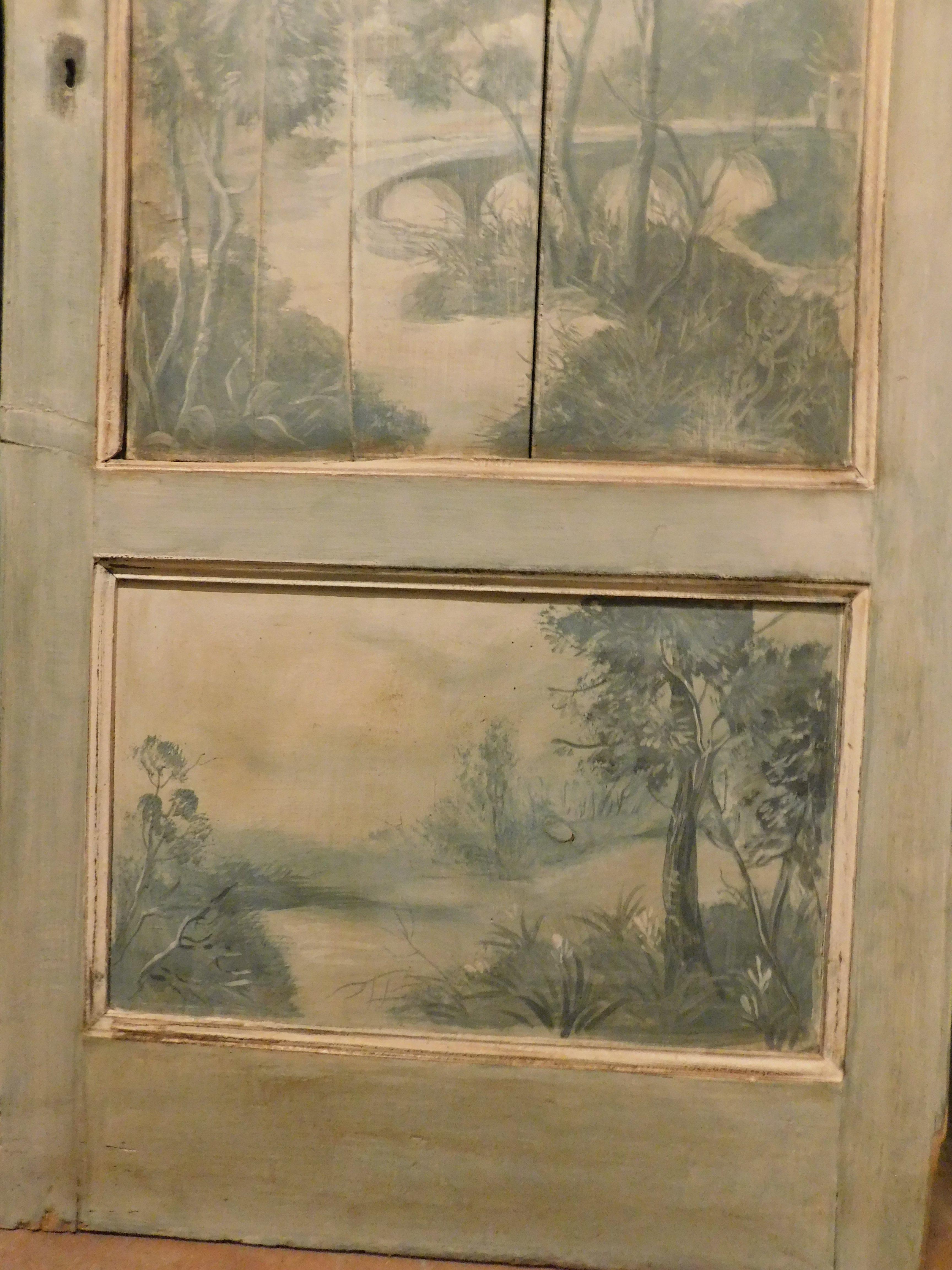 Old Door, gemalt mit Landschaft, 3 hellblau-graue Tafeln, Italien im Angebot 3