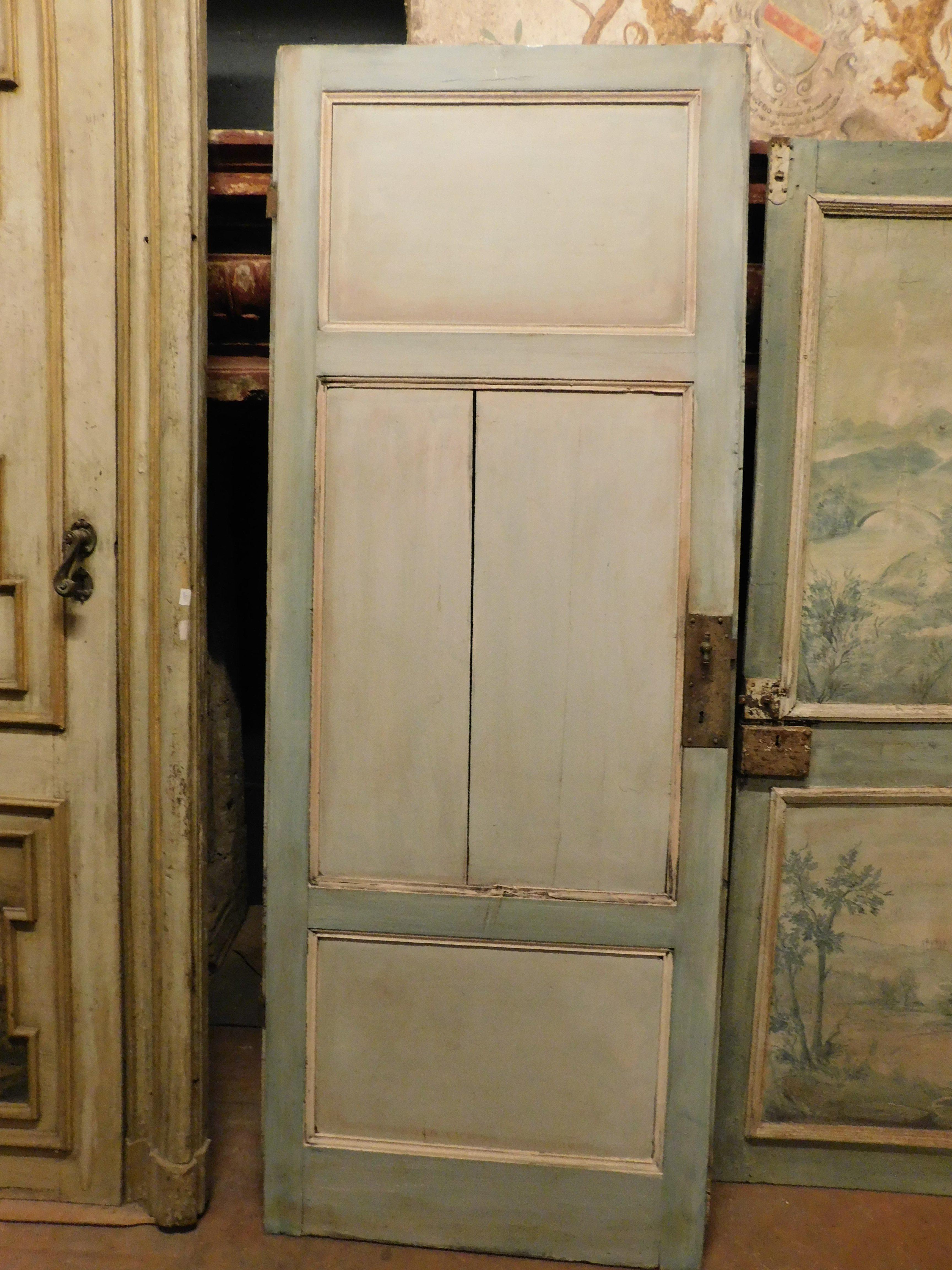 Old Door painted with landscape, 3 light blue gray panels, Italy For Sale 4