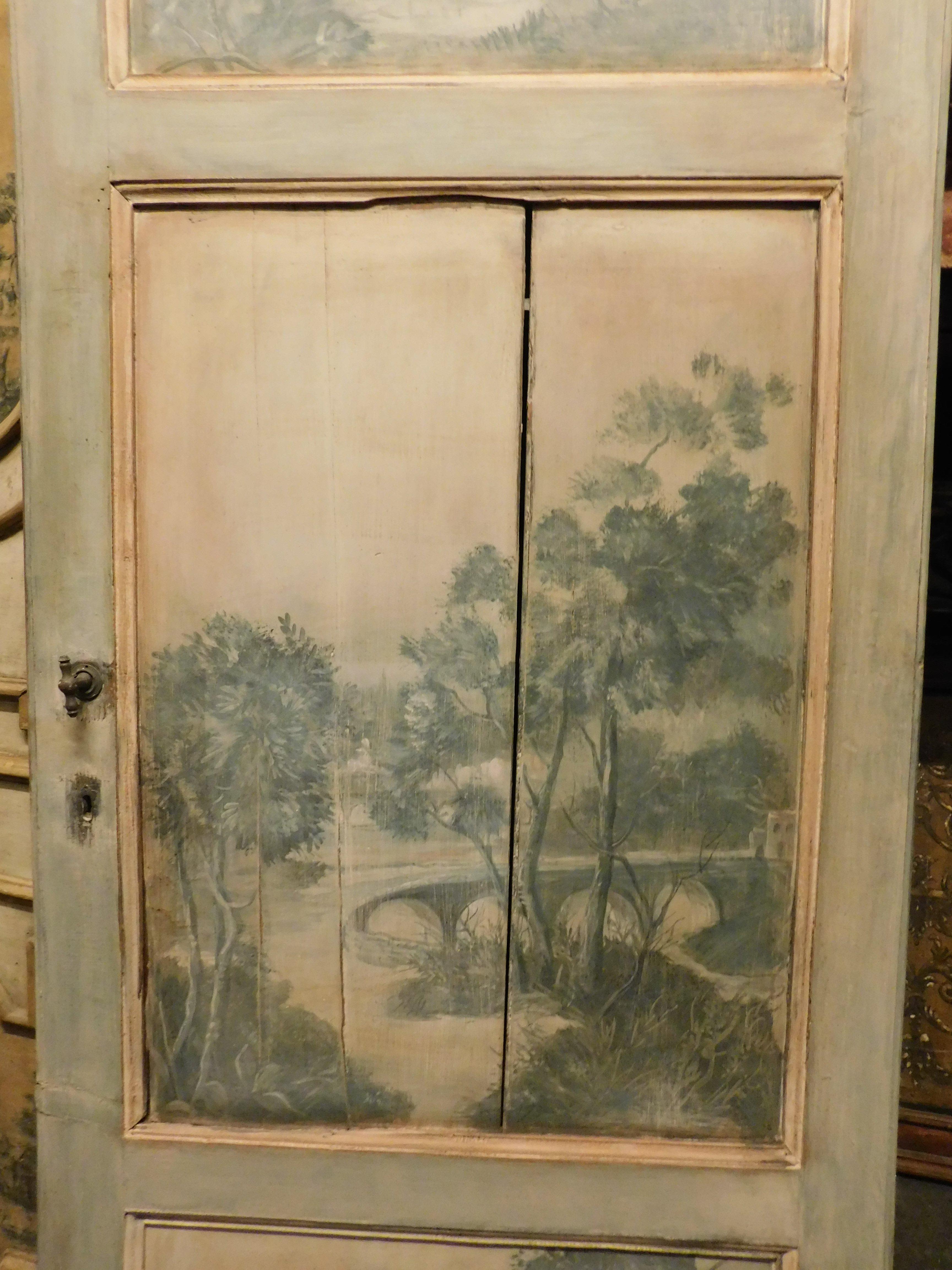 Hand-Painted Old Door painted with landscape, 3 light blue gray panels, Italy For Sale