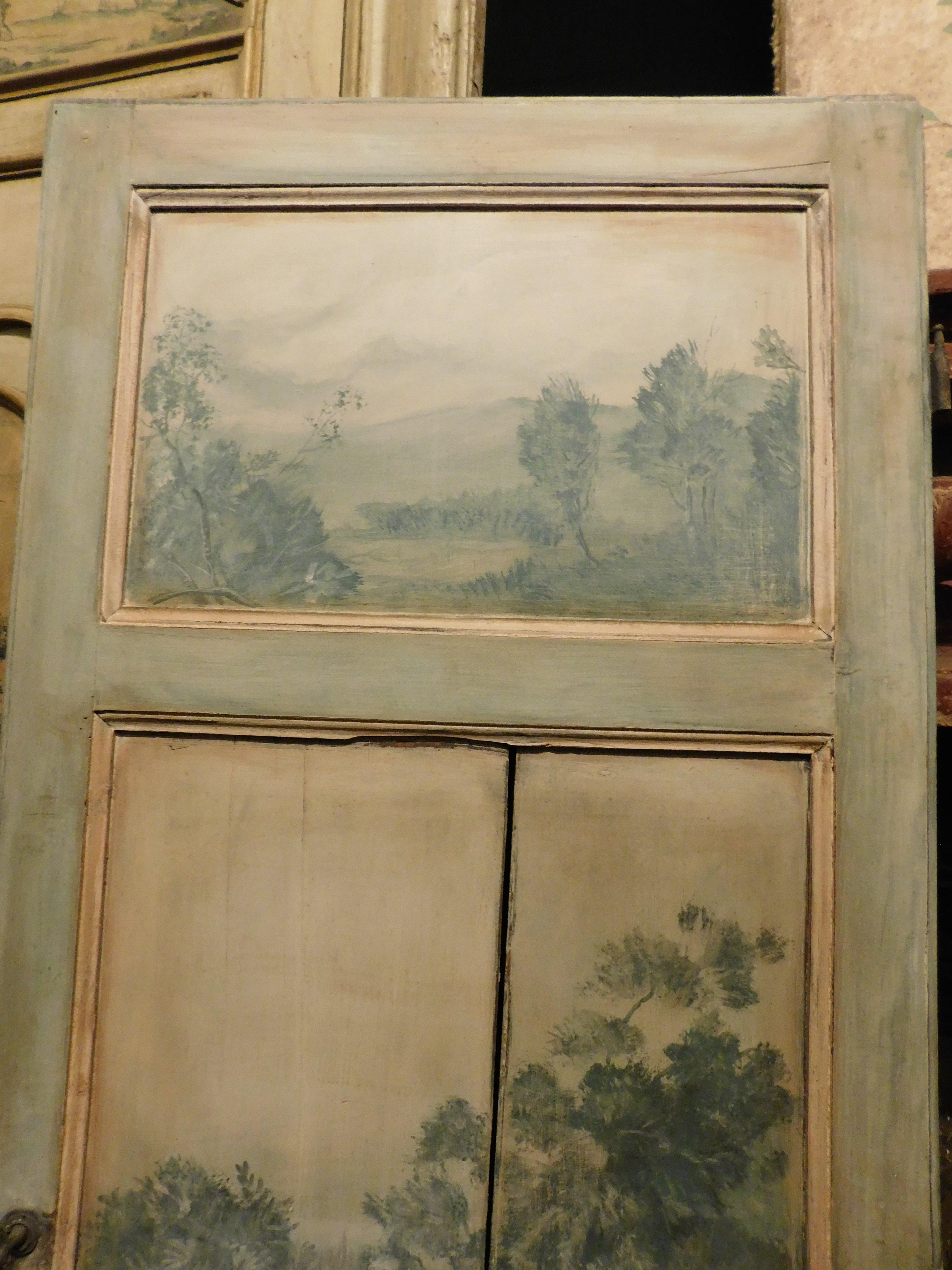 Old Door painted with landscape, 3 light blue gray panels, Italy In Good Condition For Sale In Cuneo, Italy (CN)