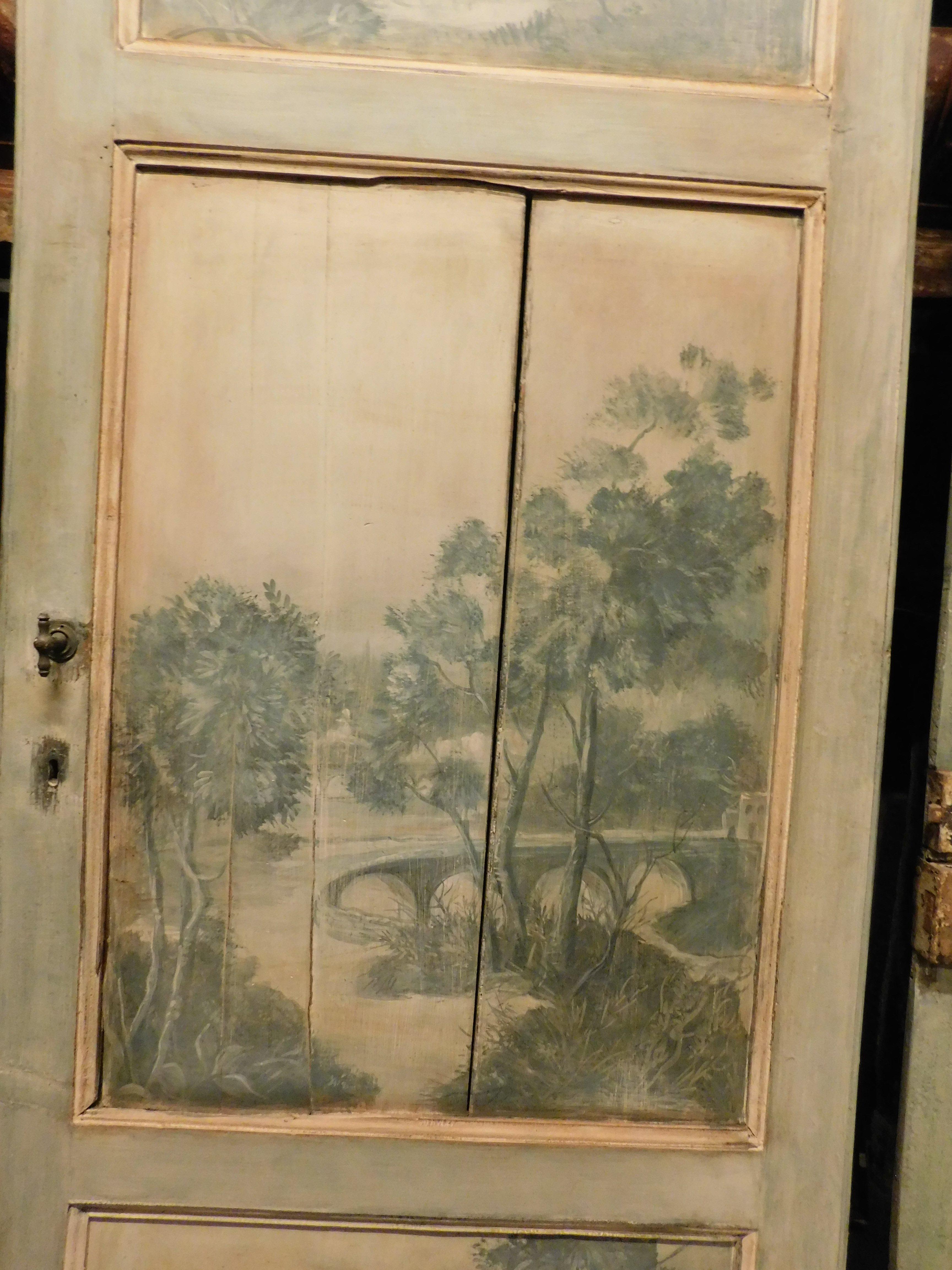Old Door painted with landscape, 3 light blue gray panels, Italy For Sale 1