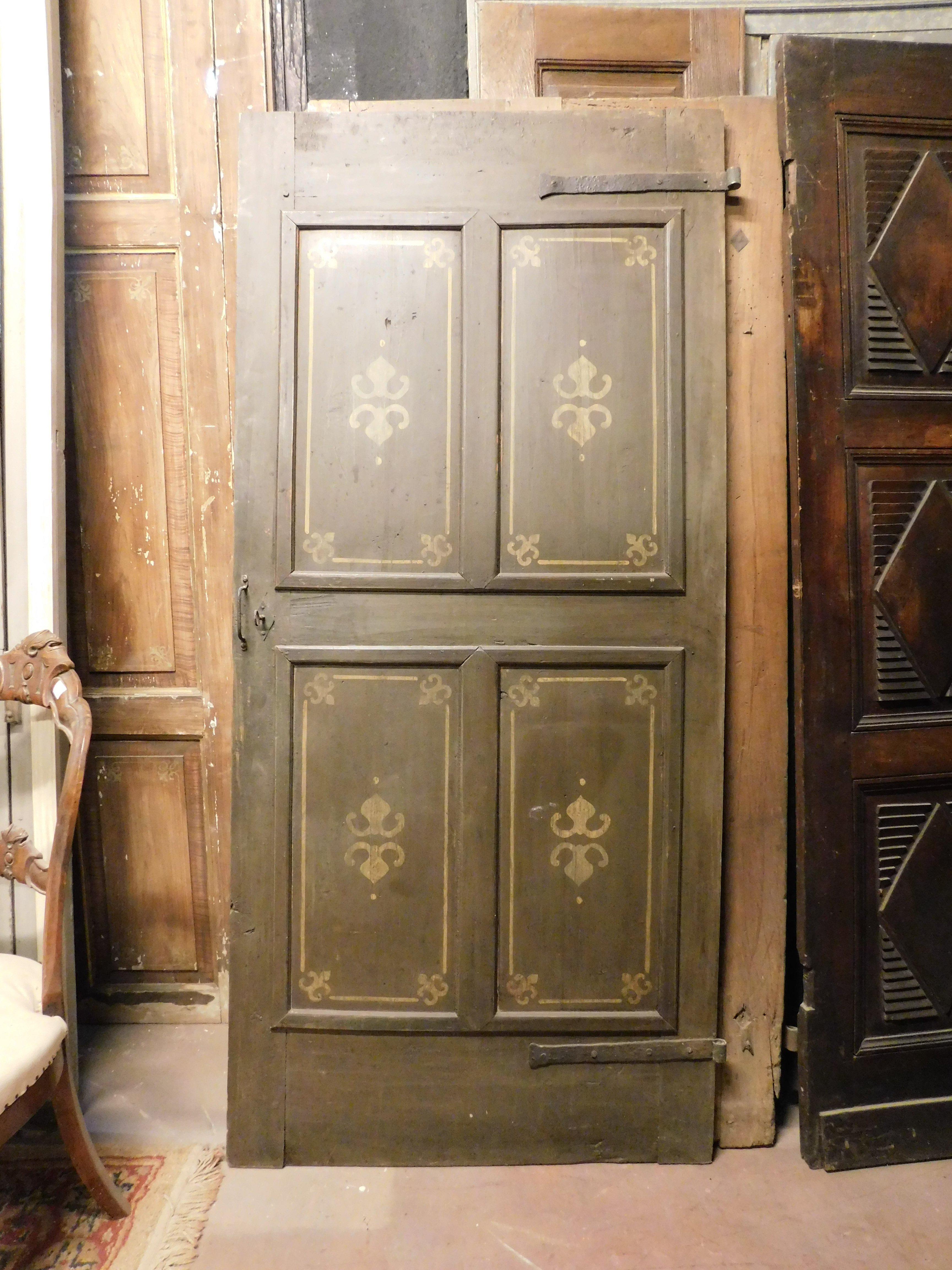 Italian Old Door with 4 painted panels, yellow decorations on green background, Italy For Sale