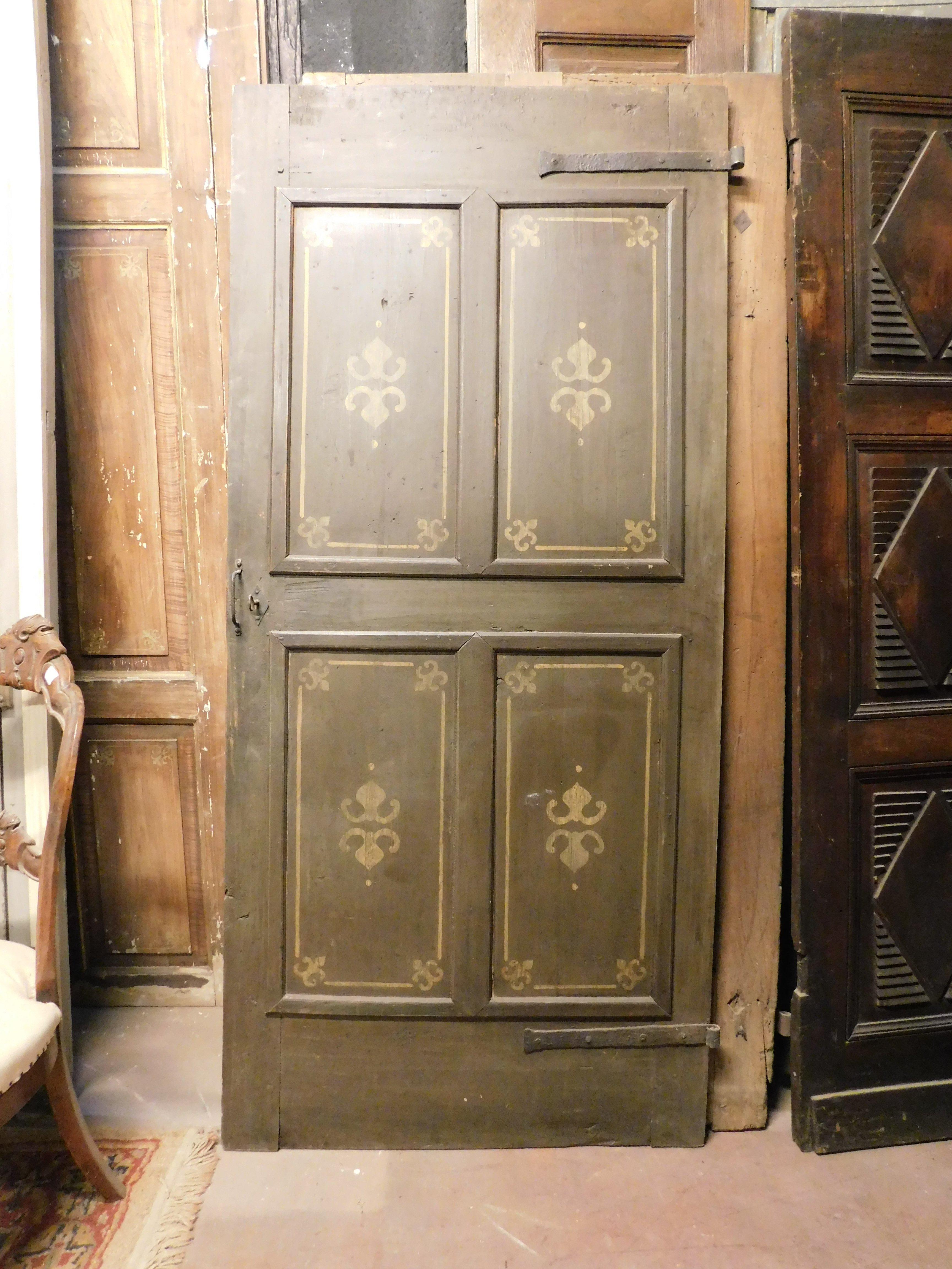 Hand-Painted Old Door with 4 painted panels, yellow decorations on green background, Italy For Sale