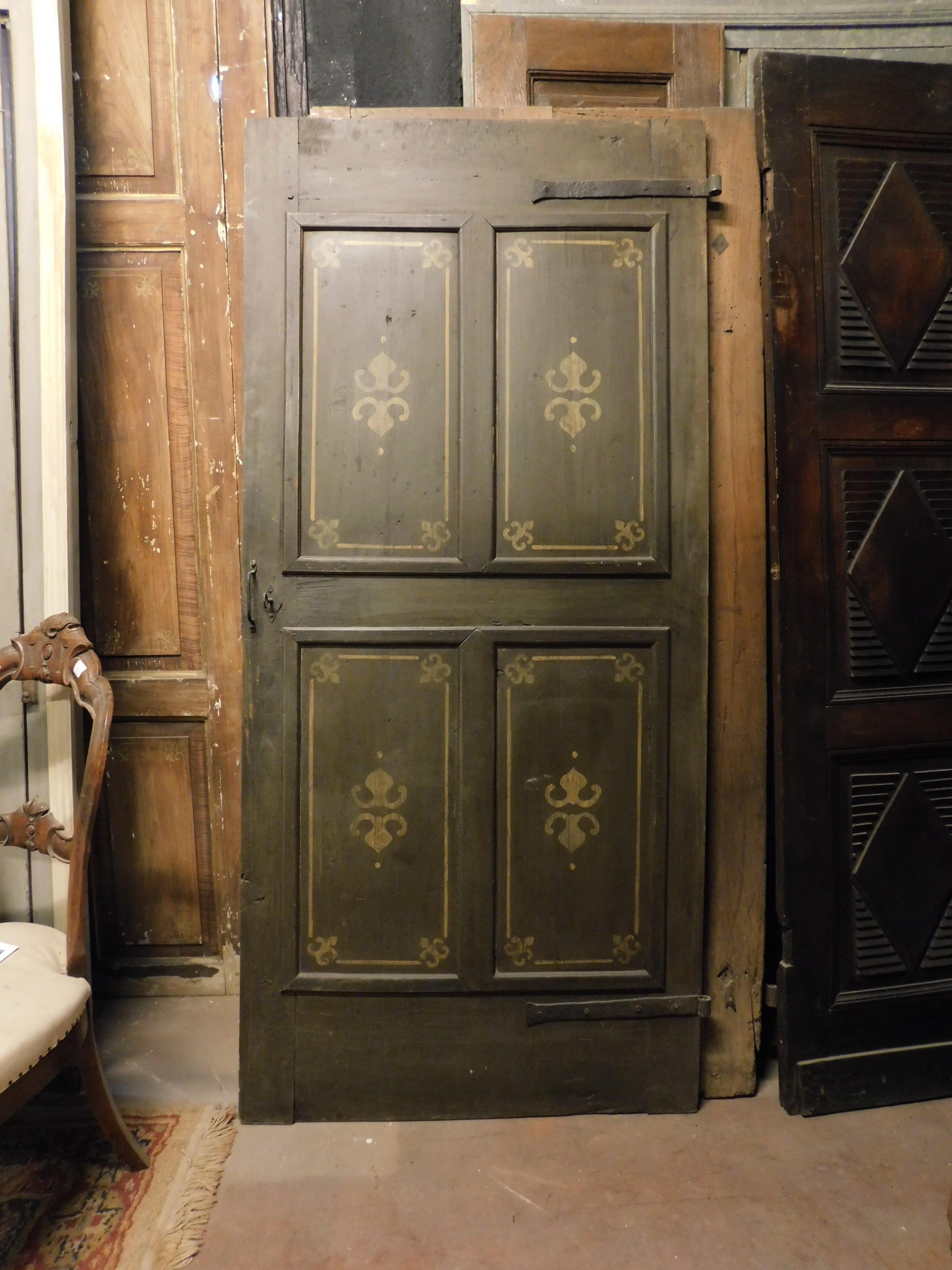 19th Century Old Door with 4 painted panels, yellow decorations on green background, Italy For Sale
