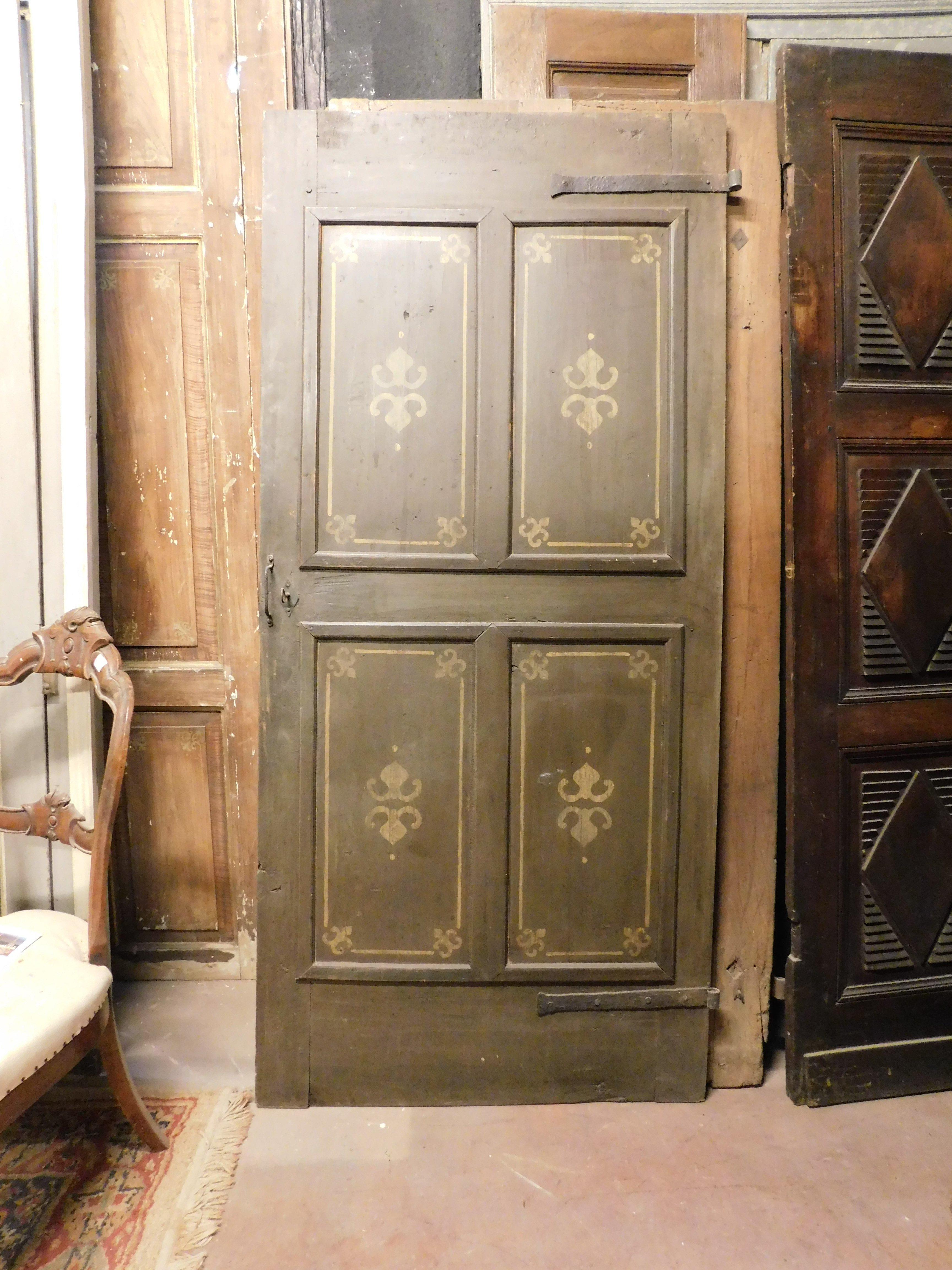 Poplar Old Door with 4 painted panels, yellow decorations on green background, Italy For Sale