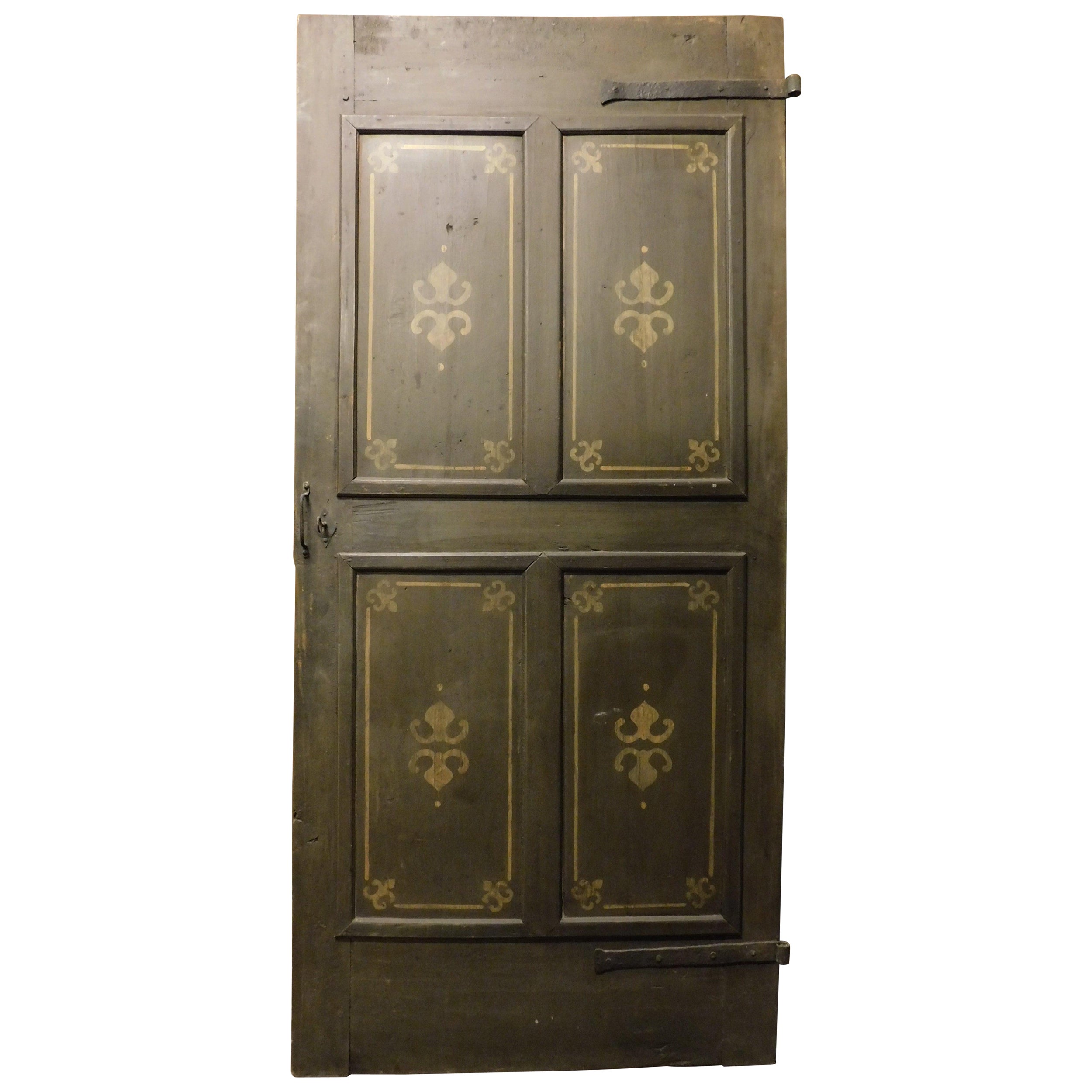 Old Door with 4 painted panels, yellow decorations on green background, Italy
