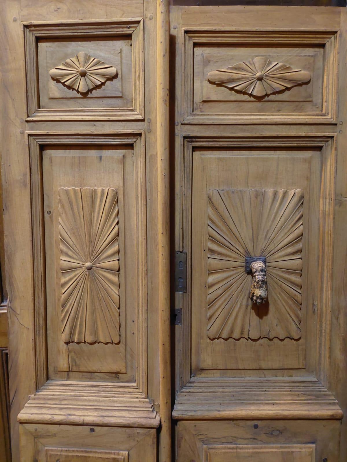 Italian Old Double entrance door in poplar wood, carved with knocker, Italy For Sale