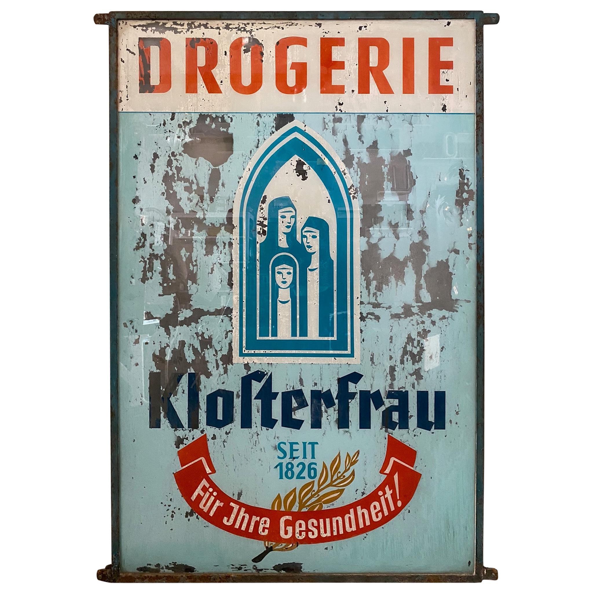 Old Drugstore Advertisement for "Klosterfrau", 1920s, Glass Pharmacie Sign