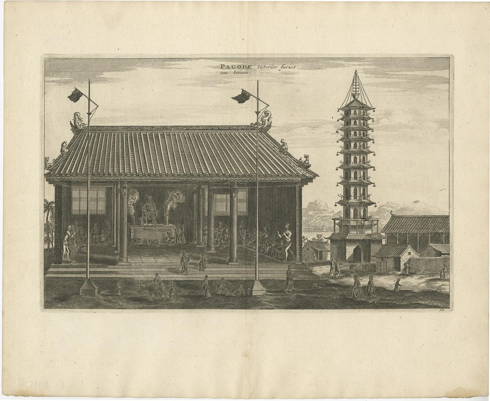 Antique print China titled 'Pagodae van binnen'. 

Old print depicting the inside of a Chinese Pagoda, an Asian place of religious worship. This print originates from the Latin edition of Nieuhof's work titled 'Legatio batavica ad magnum Tartariæ