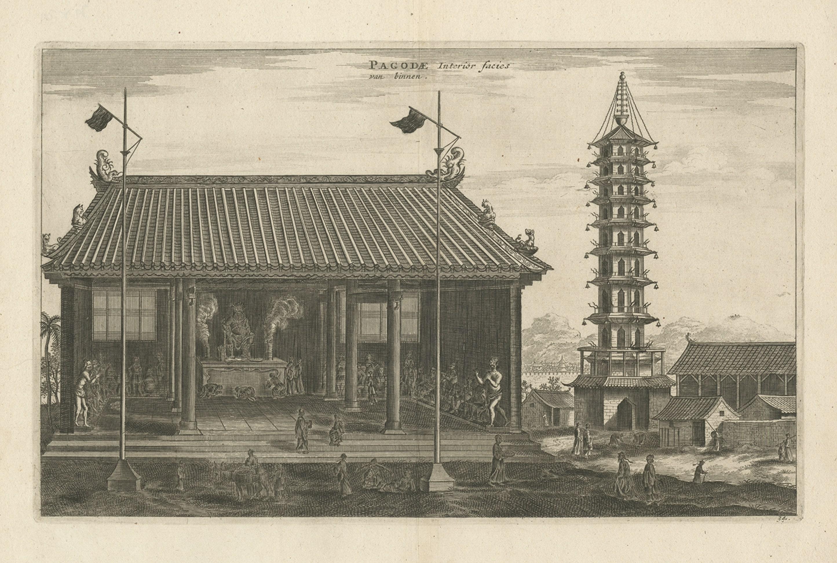Old Dutch Engraving of the Inside of a Chinese Pagoda in China, Asia, 1668 In Good Condition In Langweer, NL