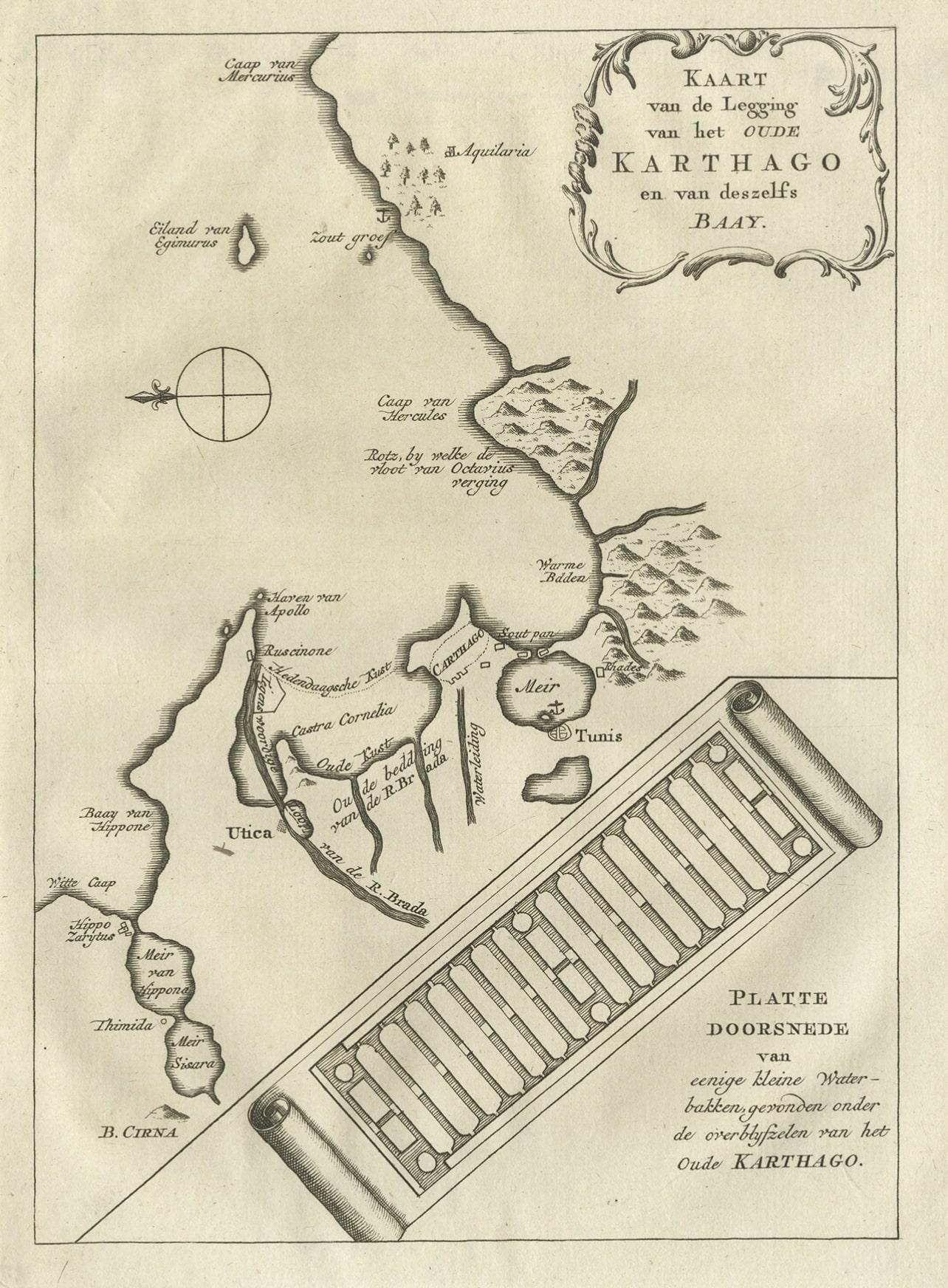 Ancienne carte néerlandaise de la ville de Carthage et de la baie de Carthage, 1773 Bon état - En vente à Langweer, NL