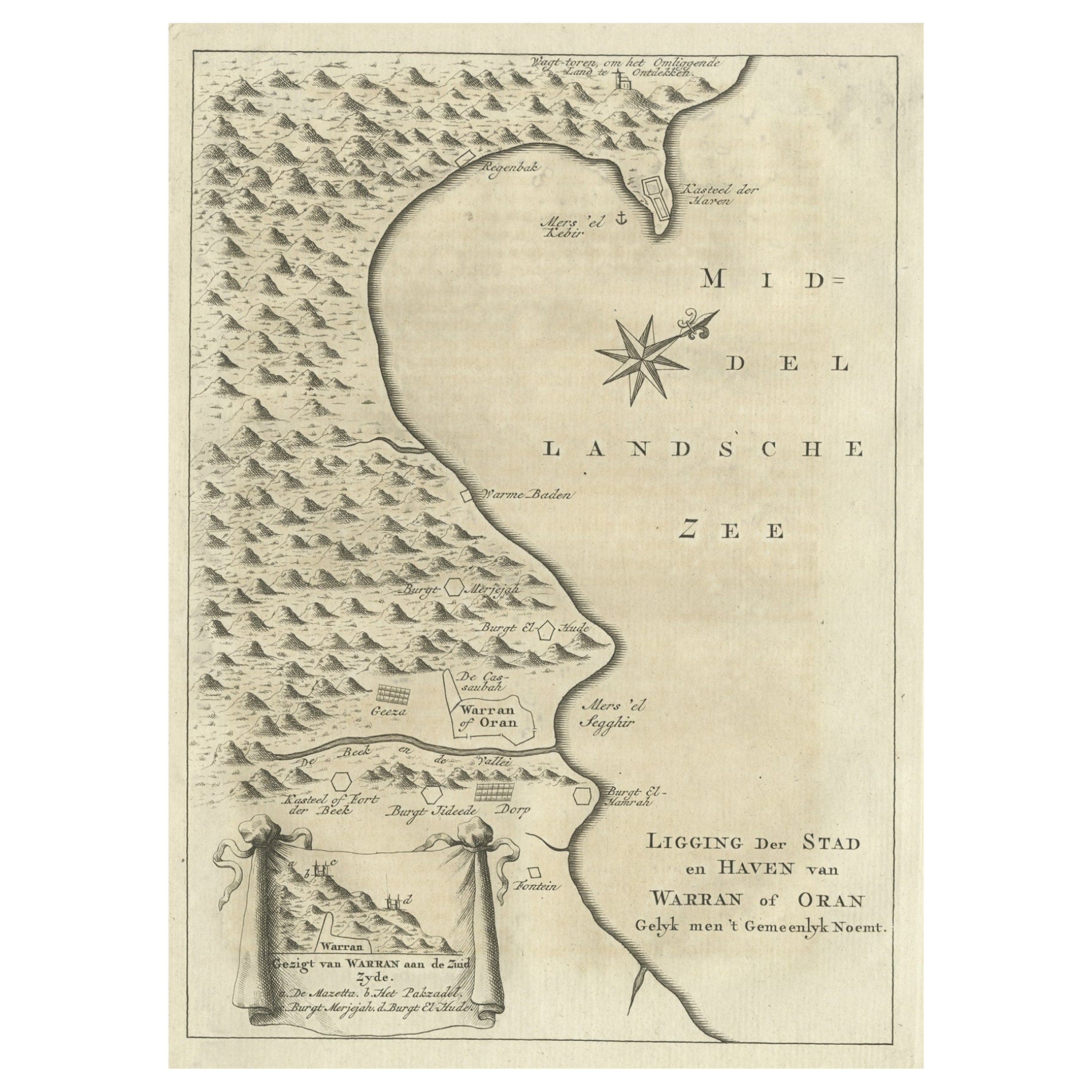 Ancienne carte néerlandaise de la ville d'Oran « Warran », Algérie, 1773 en vente